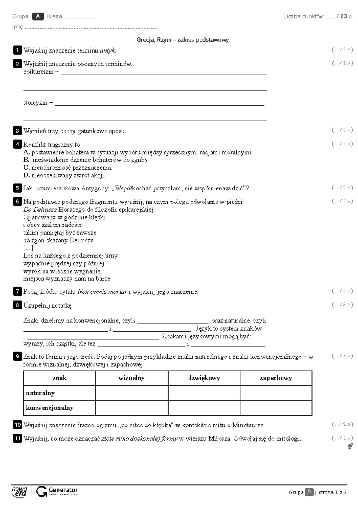 Sprawdzian Z Antyku Liceum Przygotowanie www.studocu.com