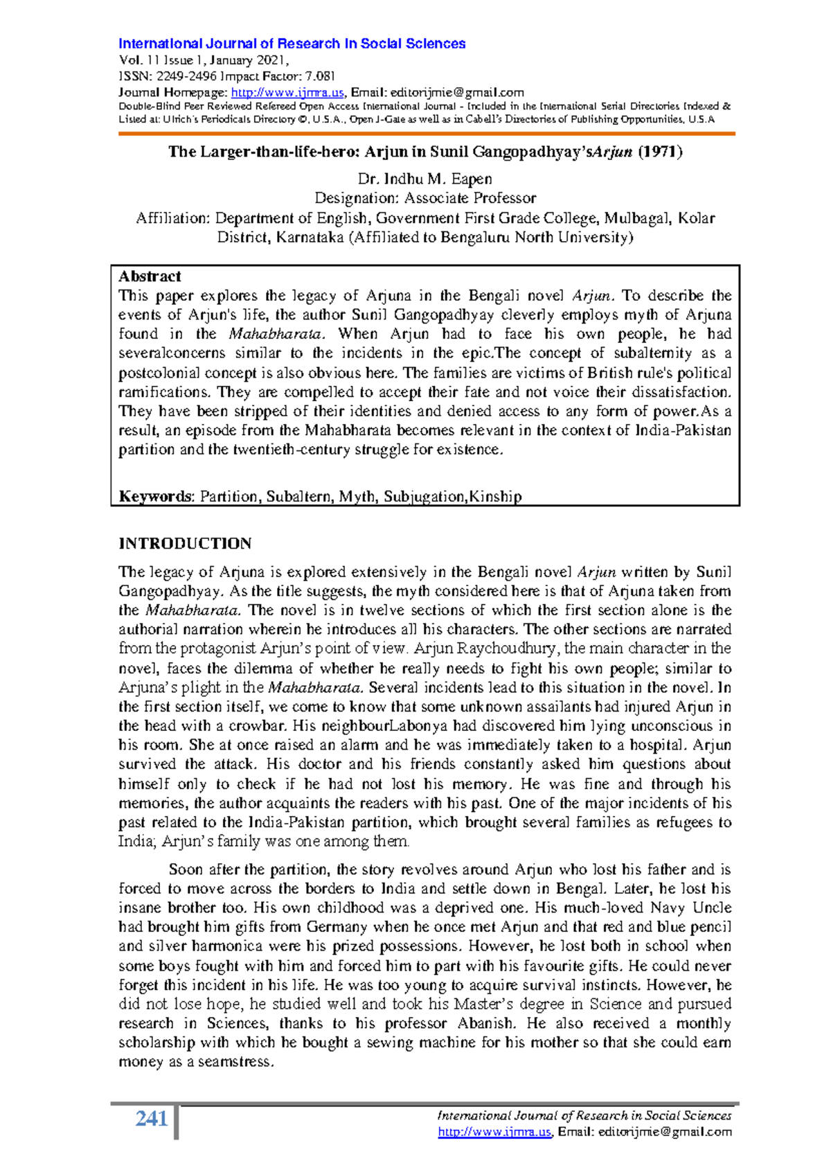 Arjun by sunil gangopadhyay - Vol. 11 Issue 1, January 2021, ISSN: 2249 ...