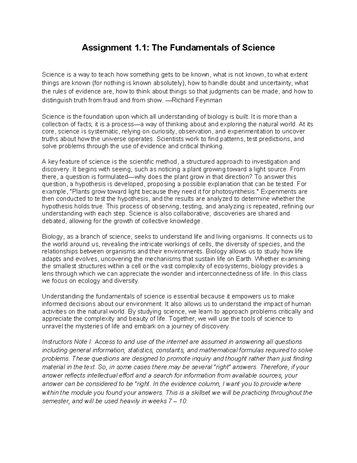 Assignment 1.1 The Fundamentals of Science - Assignment 1: The ...