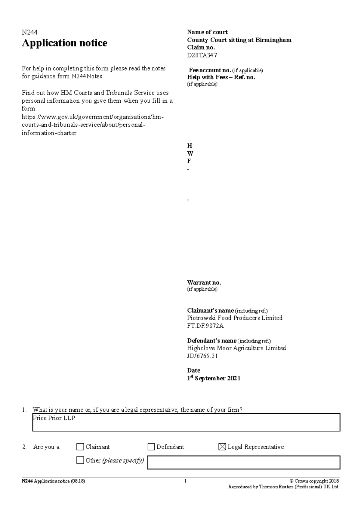 N244 Application Notice to Set Aside Default Judgment - D20TA - Studocu