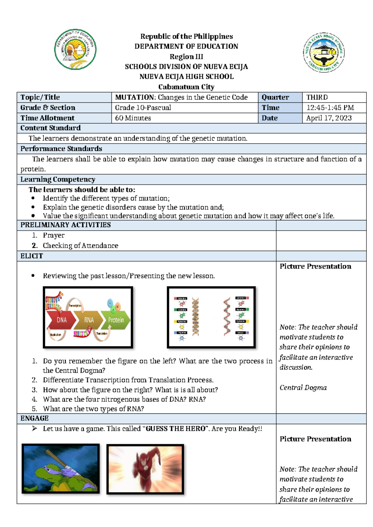Lesson Plan: Mutation COT- Genetic Changes in Grade 10 - Studocu