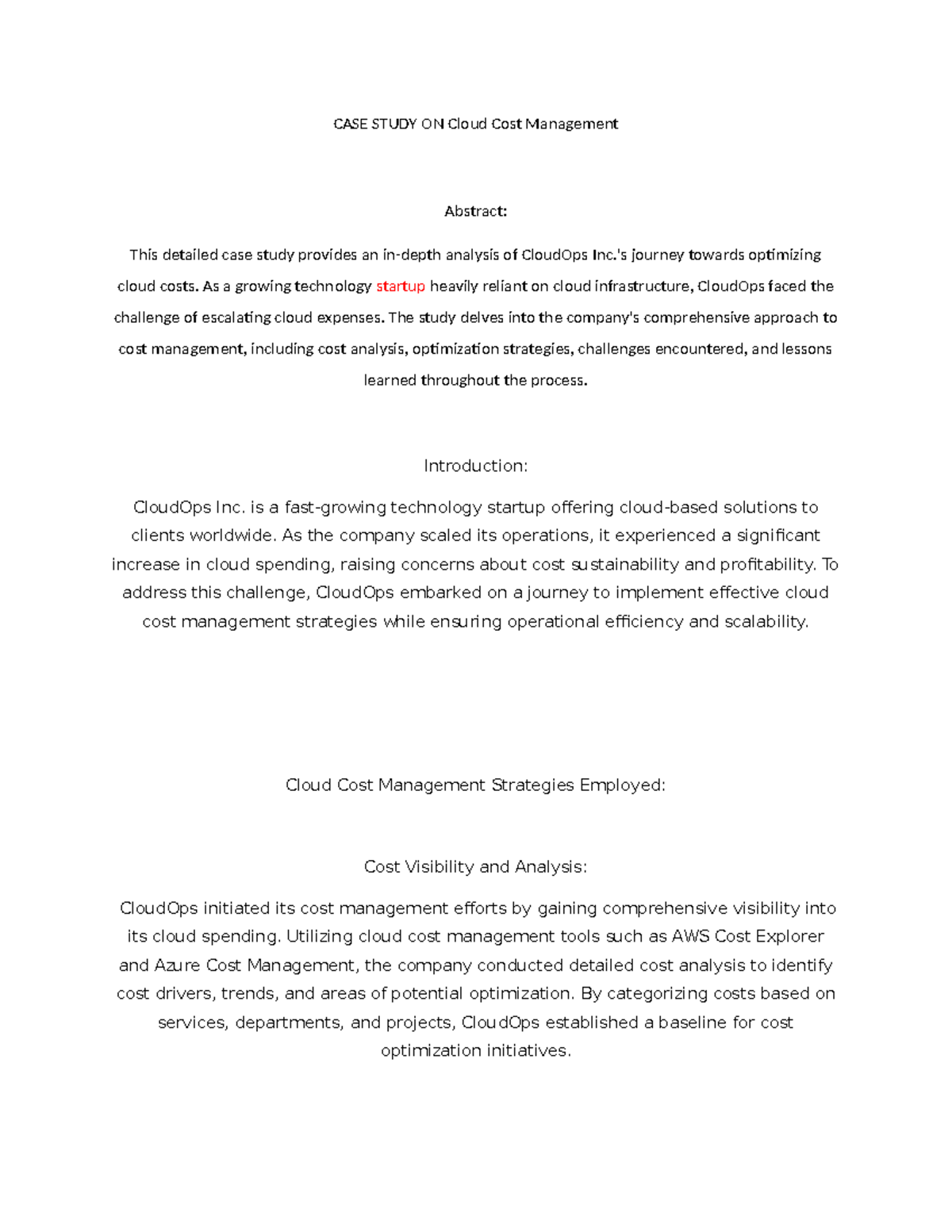 CASE Study: Cloud Cost Management Strategies at CloudOps Inc. - Studocu