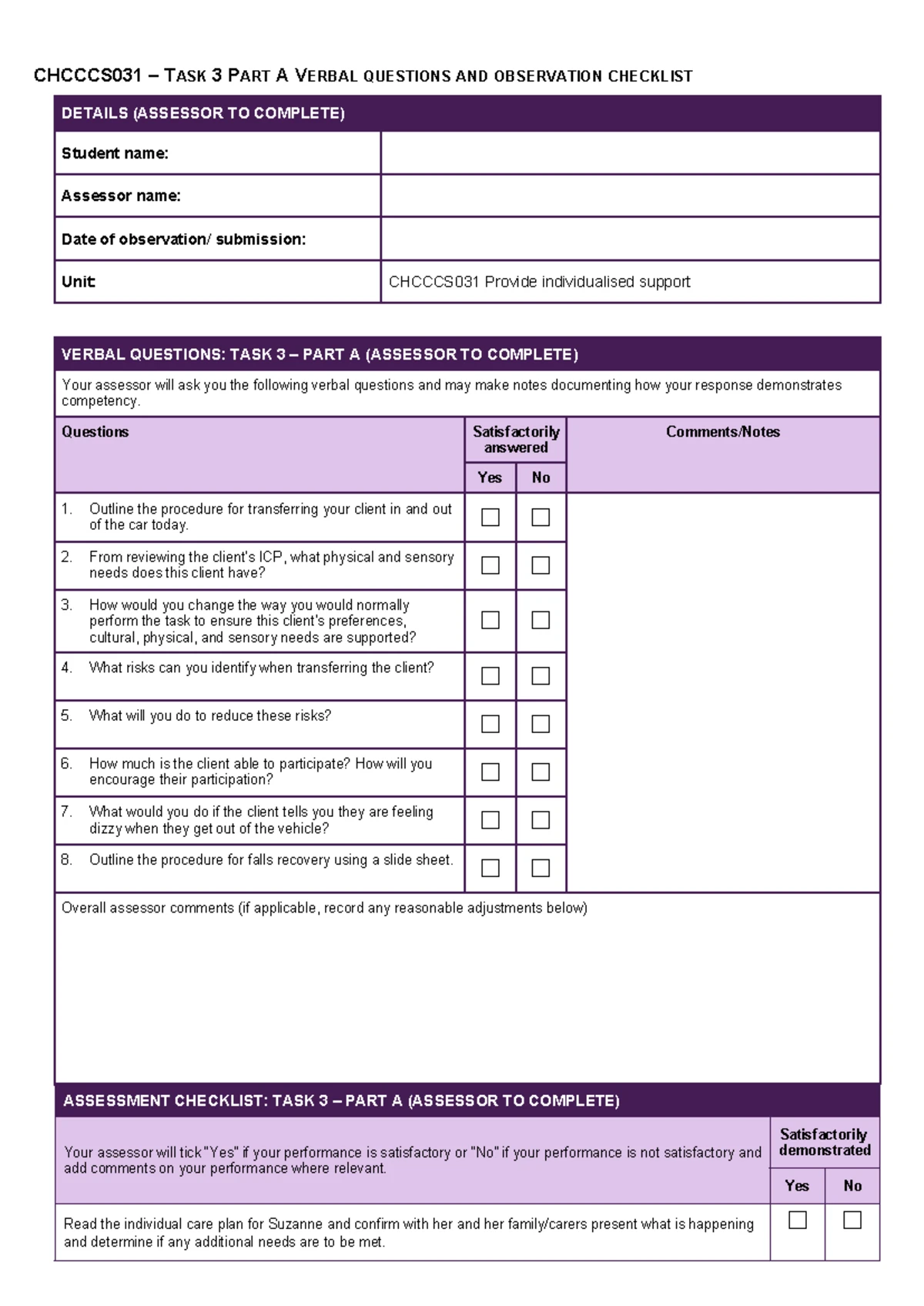 CHCDIV001 Task 3 - Observation Checklist & Verbal Questions Guide - Studocu