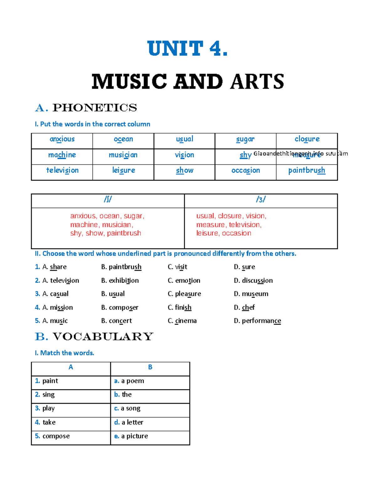 Bài tập bổ trợ Anh 7 Global: UNIT 4 - Music and Arts Key Notes - Studocu
