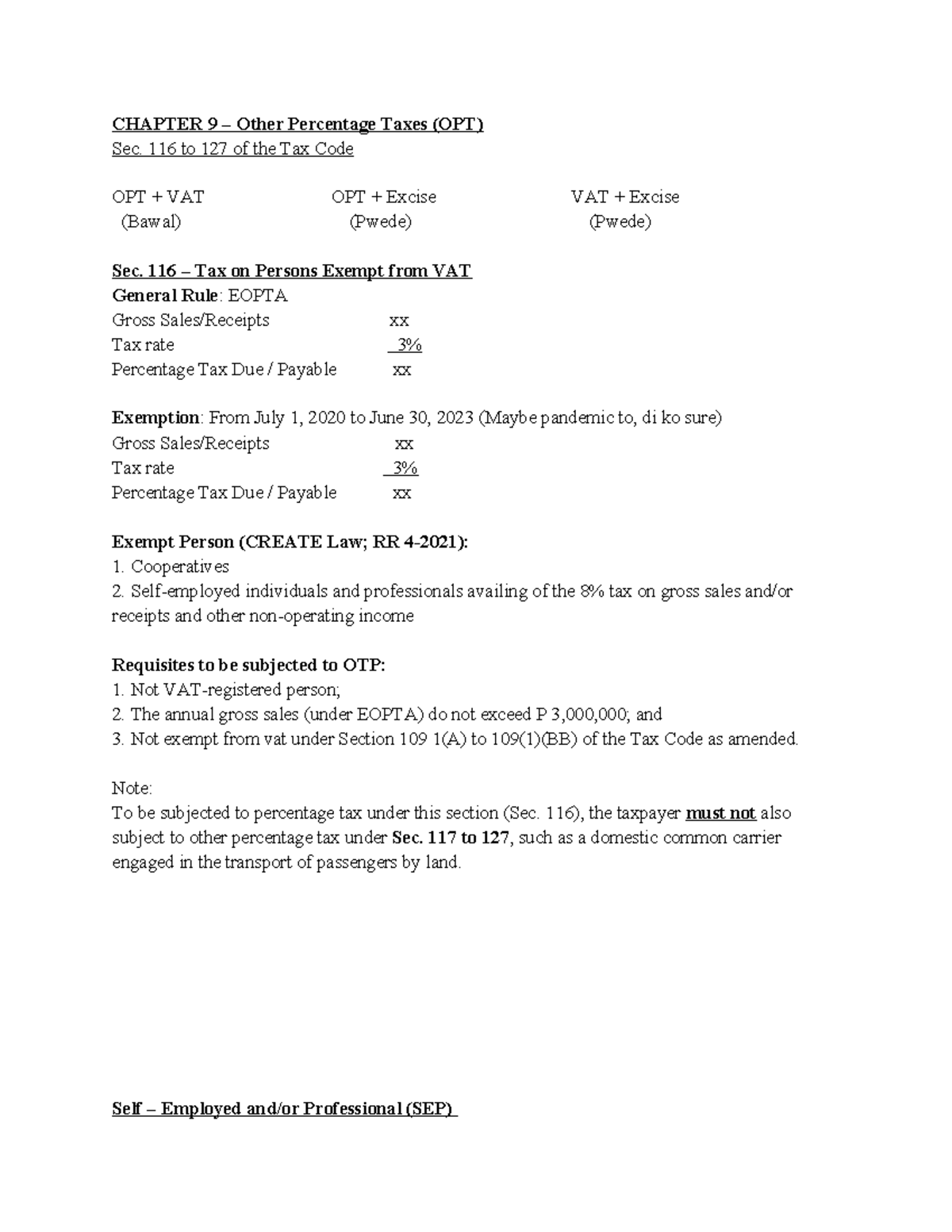 Chapter 9 OPT Summary - Tax Code Review (Sec. 116-127) - Studocu
