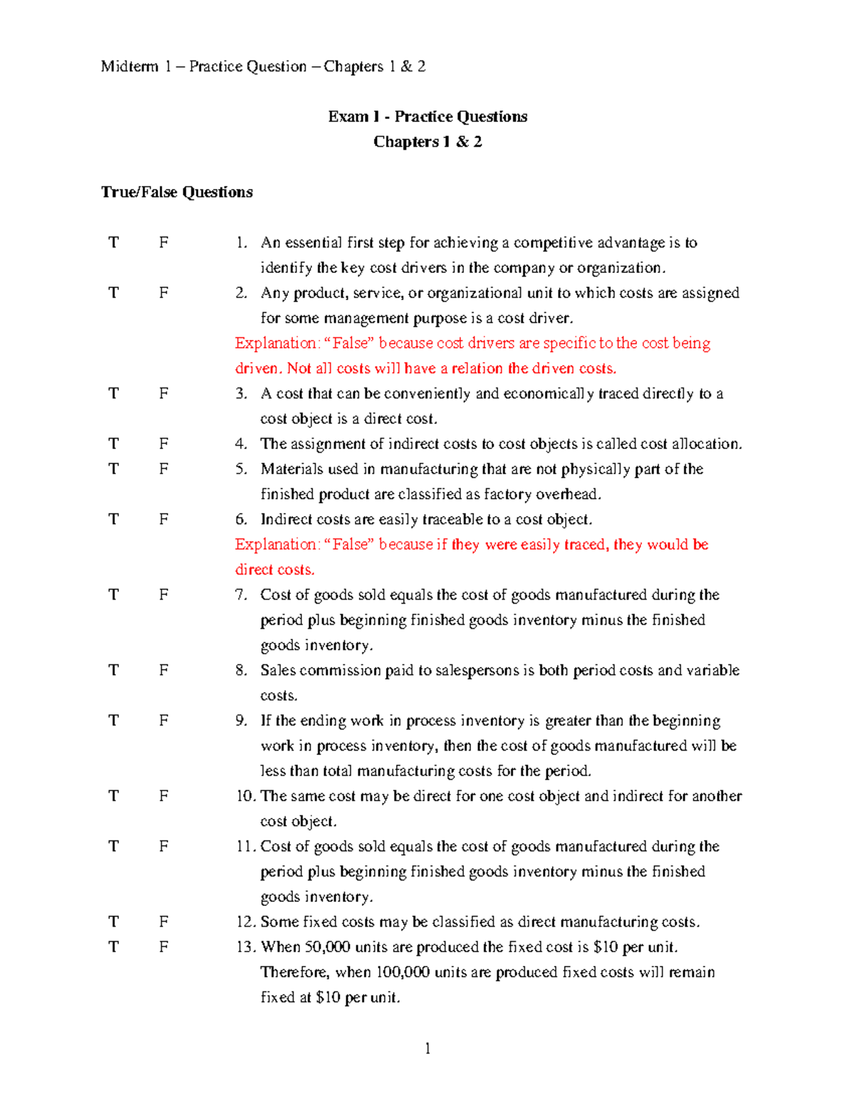 Chapter 1 & 2 Practice Questions Solutions - Exam I - Practice ...