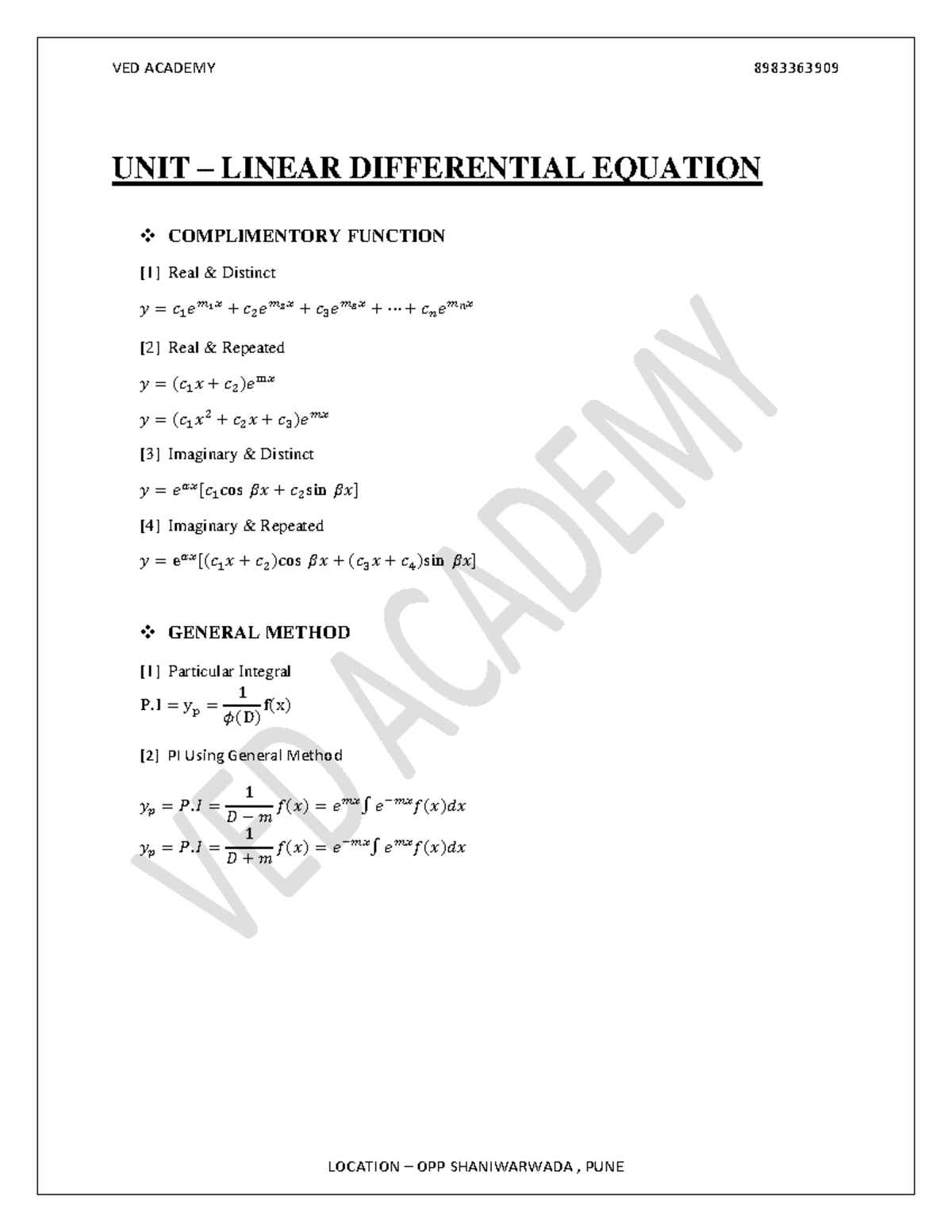 M3 UNIT FORMULA BOOK: LINEAR DIFFERENTIAL EQUATIONS & METHODS - Studocu