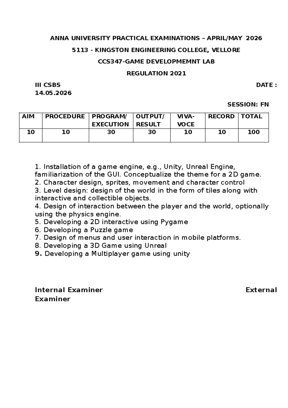 CCS347 Practical Exam Notes - Game Development Lab 2026 - Studocu