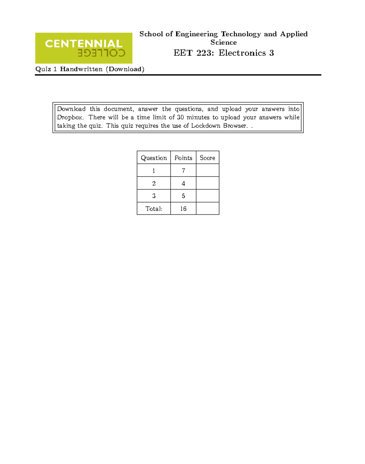 EET 223 Quiz 1 Handwritten 2021/2022 - School of Engineering Technology ...
