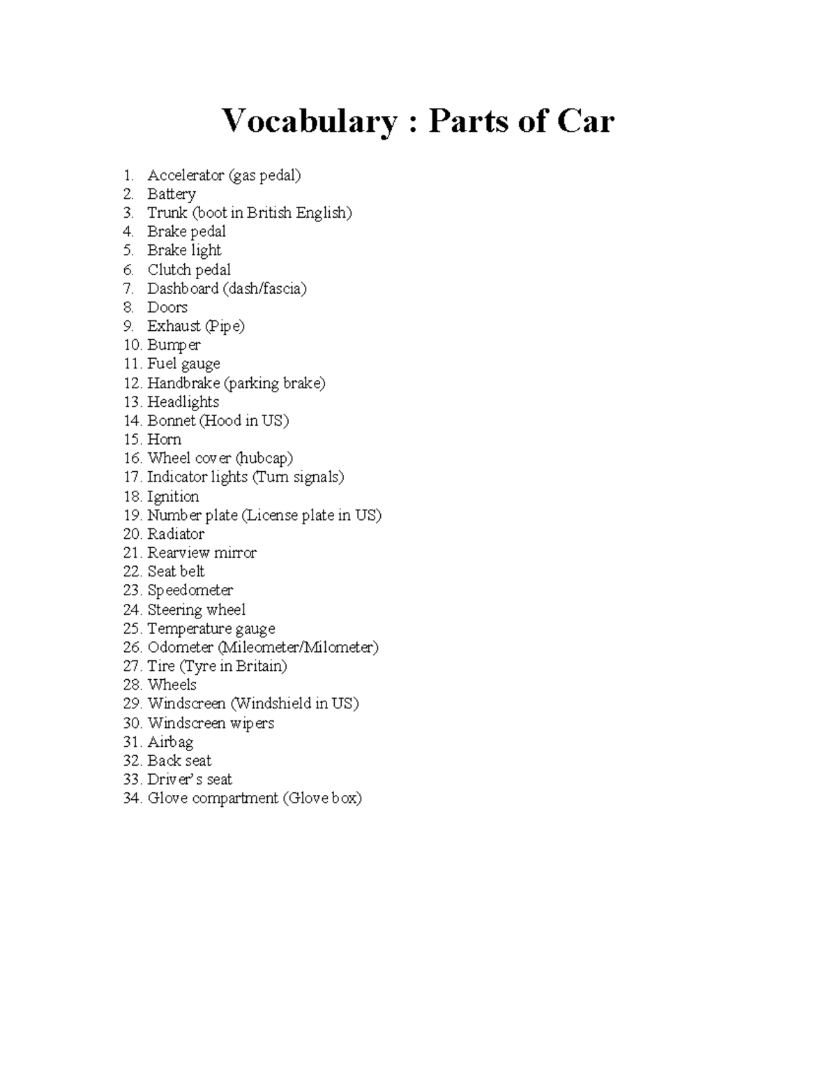 Vocabulary: Car Parts and Terminology for Auto Mechanics (Course Code ...