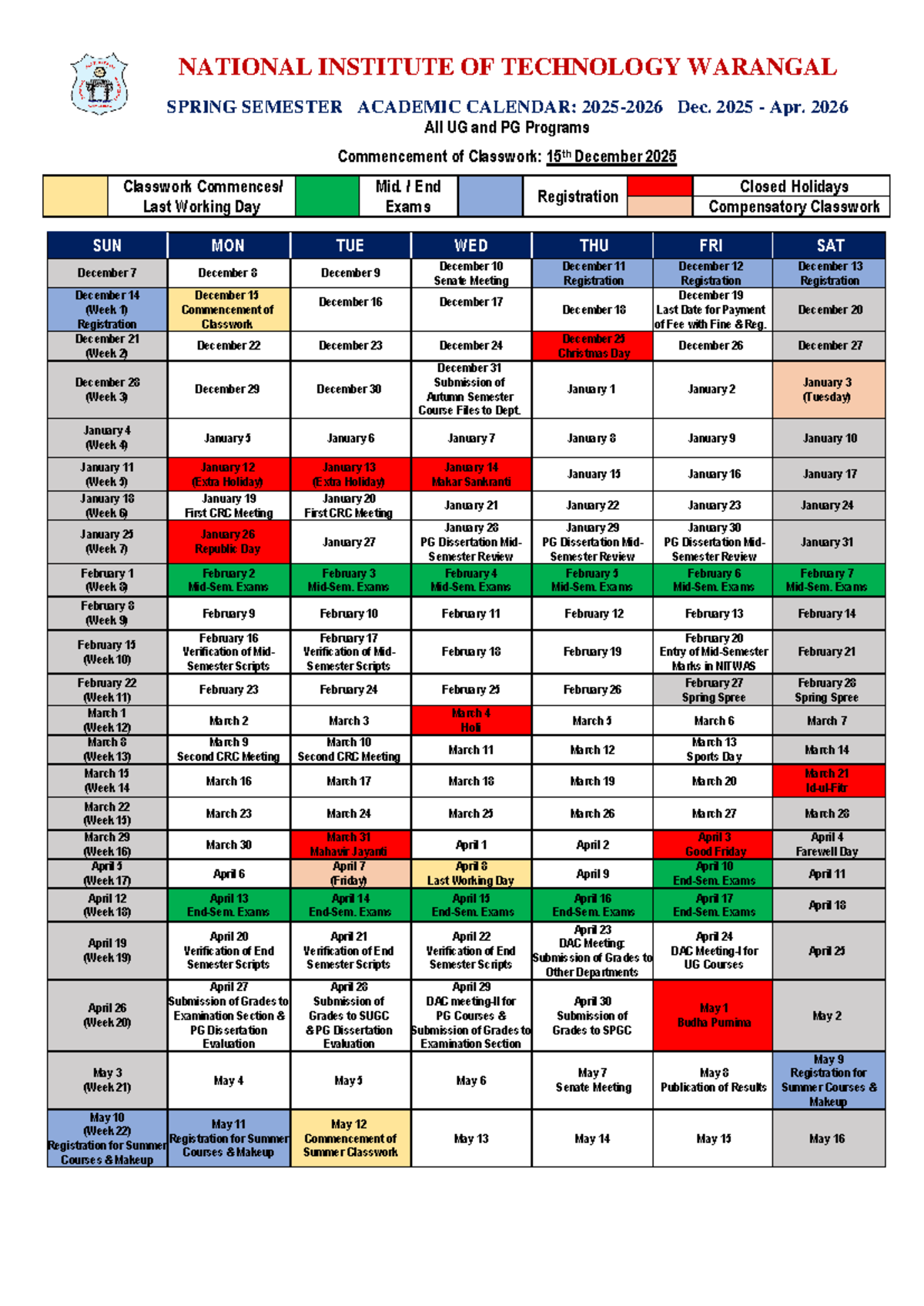 NIT Warangal Spring Semester Academic Calendar 2025-2026 - Studocu