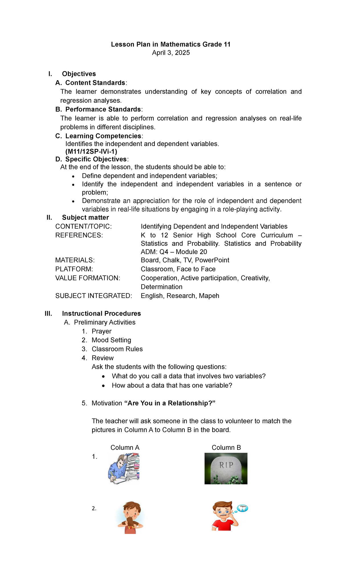 Lesson Plan: Independent and Dependent Variables for Gr 11 - Studocu