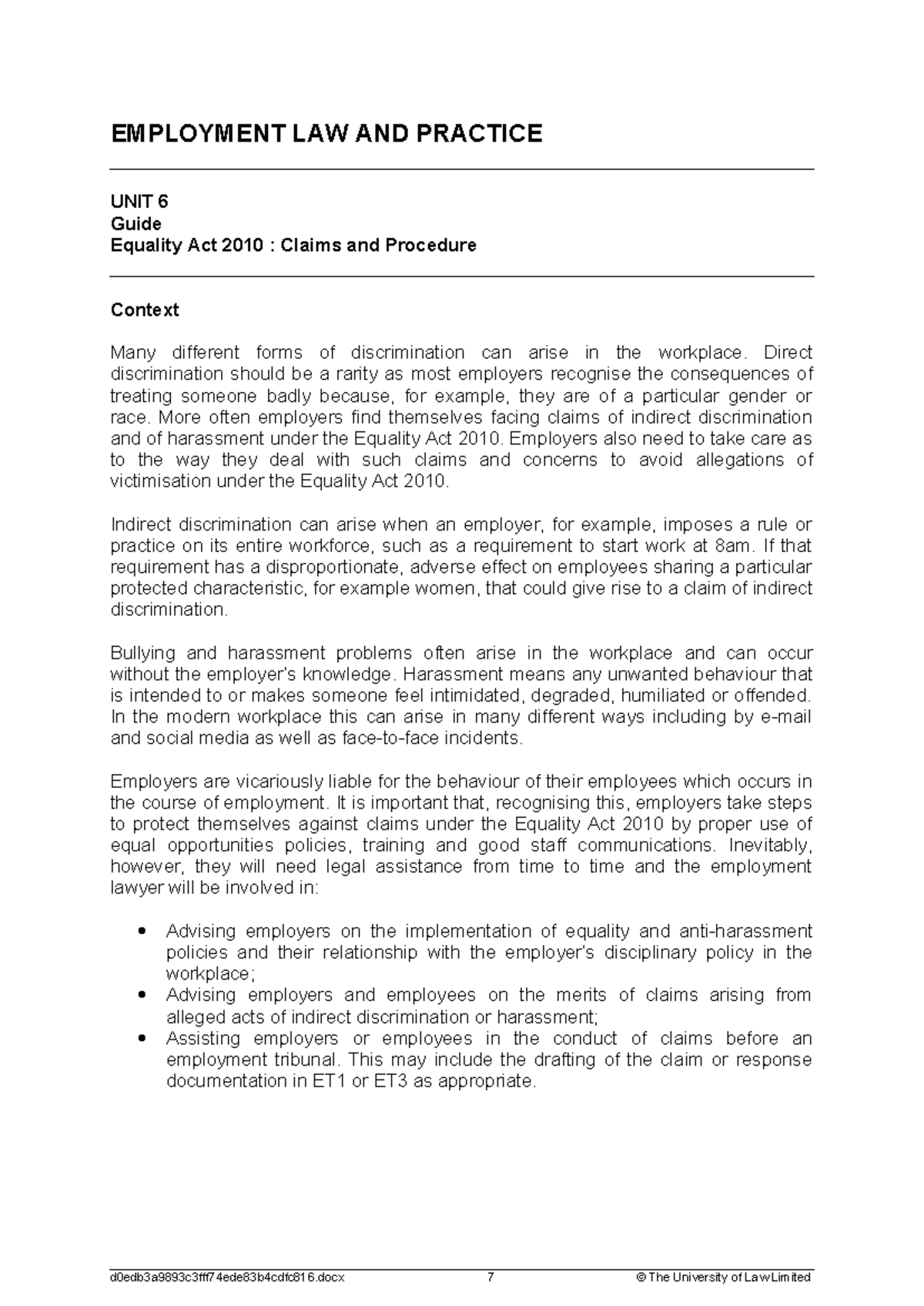 EMPLOYMENT LAW AND PRACTICE UNIT 6: Equality Act 2010 Claims Guide ...
