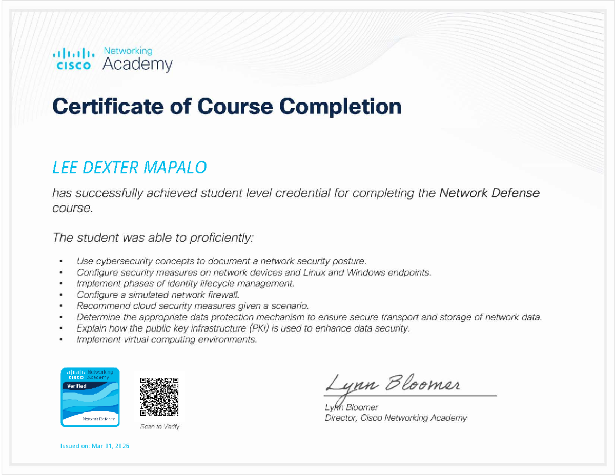 Networking CISCO Academy: Network Defense Course Completion Certificate ...
