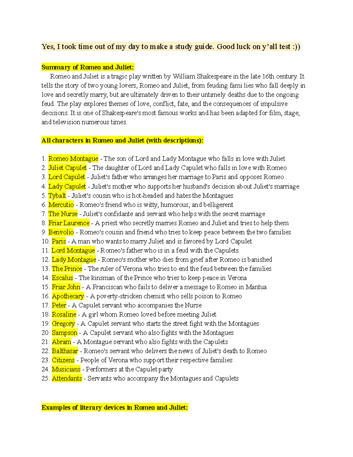 Study Guide for English 1: Romeo and Juliet Exam Prep - Studocu