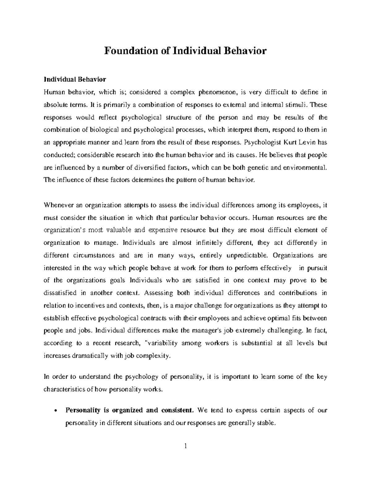 Foundations of Individual Behavior: Insights into Human Behavior and ...