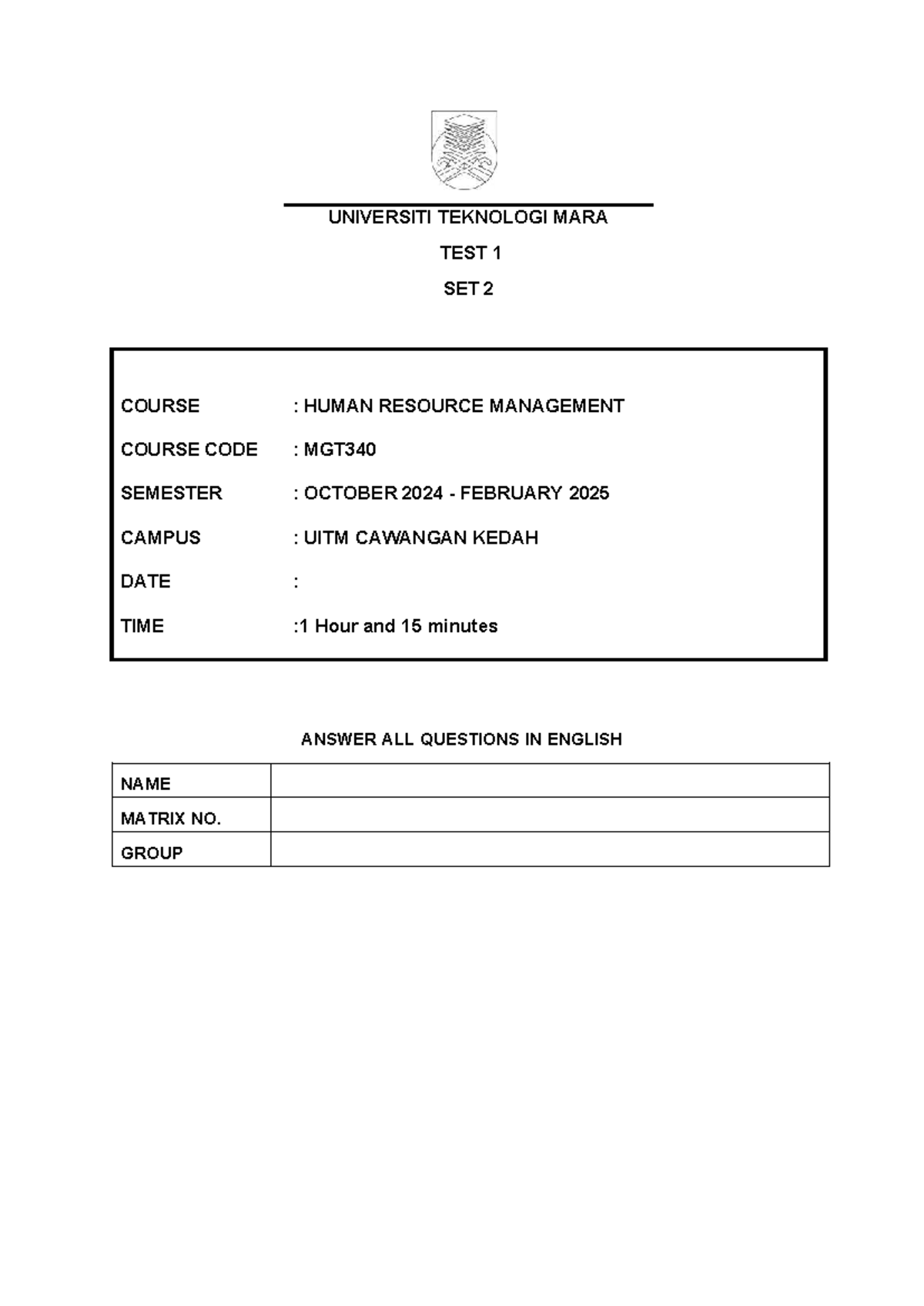 MGT340 Test 1 Set 2 - Human Resource Management Nov 2024 - Studocu