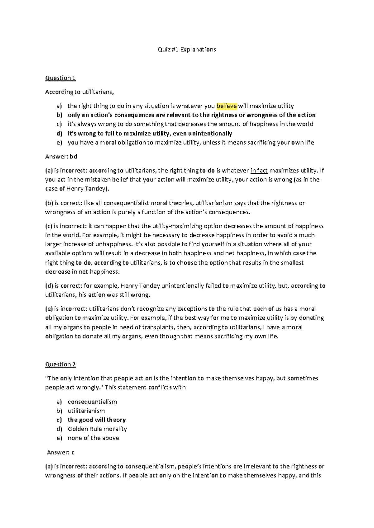 Quiz 1 Explanations - Analyzing Utilitarianism & Ethical Dilemmas - Studocu