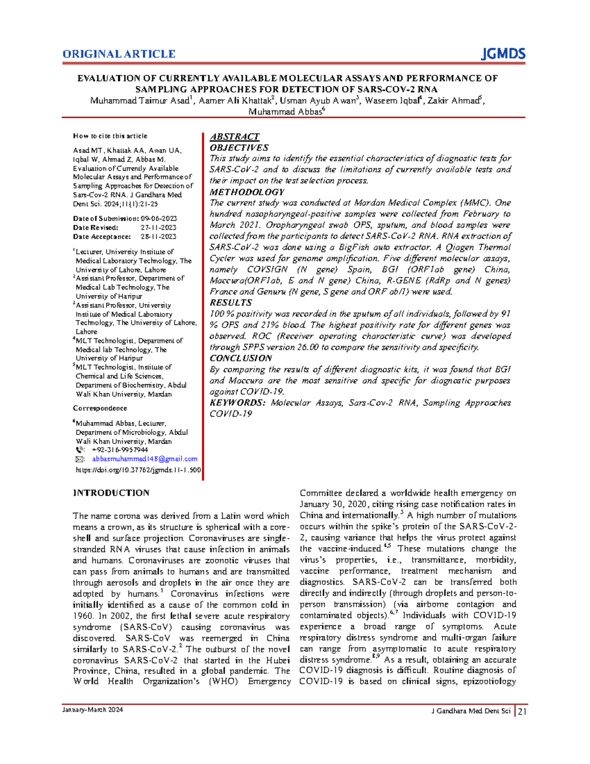 Evaluation of Molecular Assays for SARS-CoV-2 RNA Detection: JGMD 21 ...