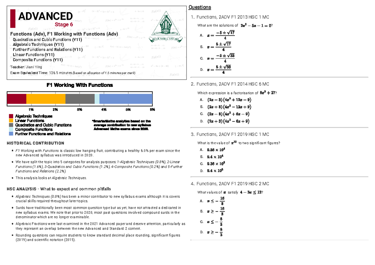 Advanced Algebraic Techniques & Functions HSC Style Questions (2ADV F1 ...