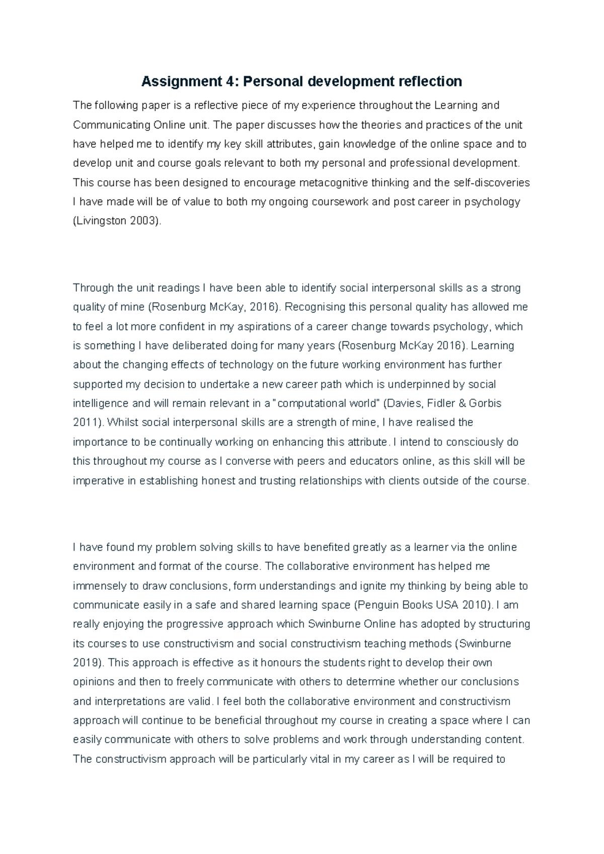 Assignment Four COM10003 - Assignment 4: Personal development ...