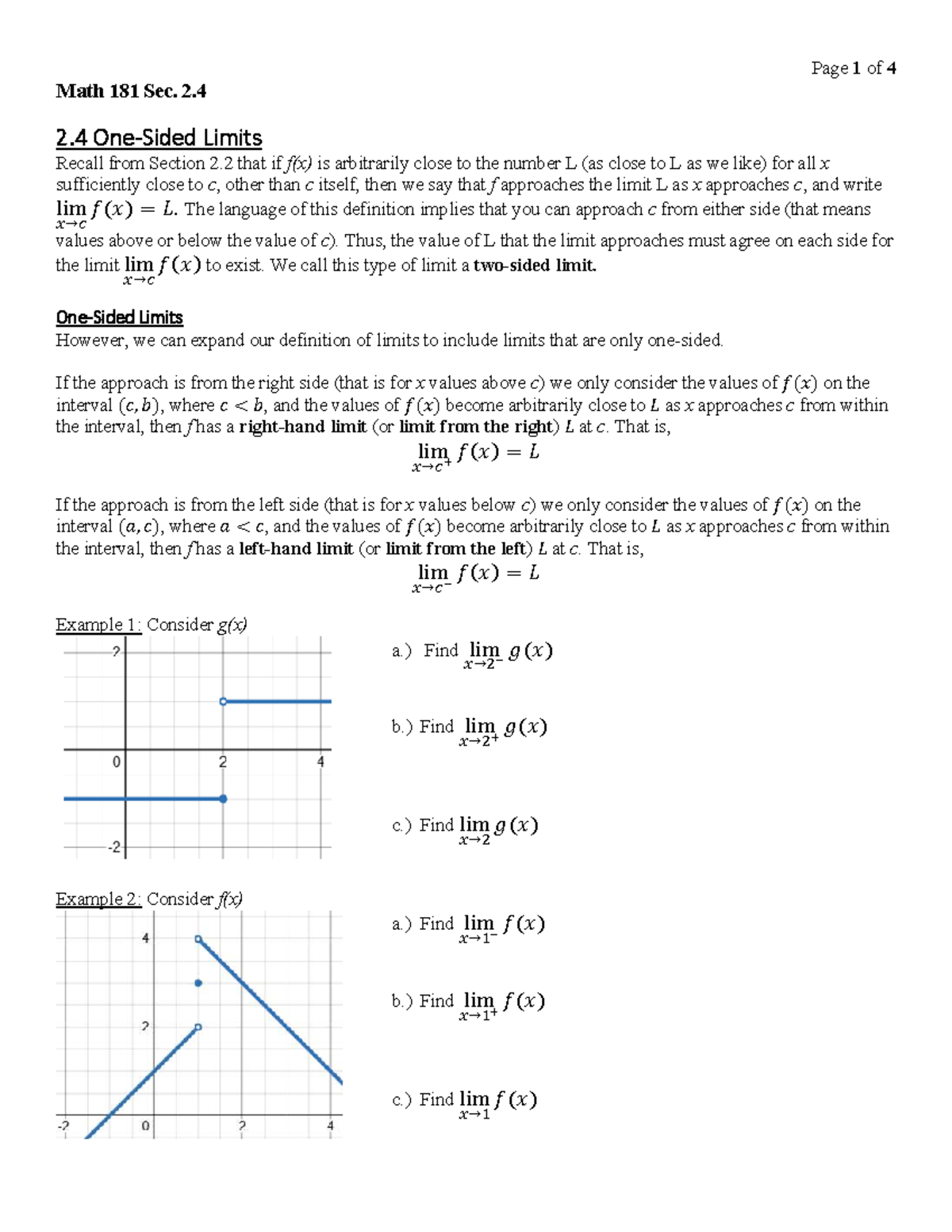 Math 181 Final Exam Guided Notes: One-Sided Limits & Examples - Studocu