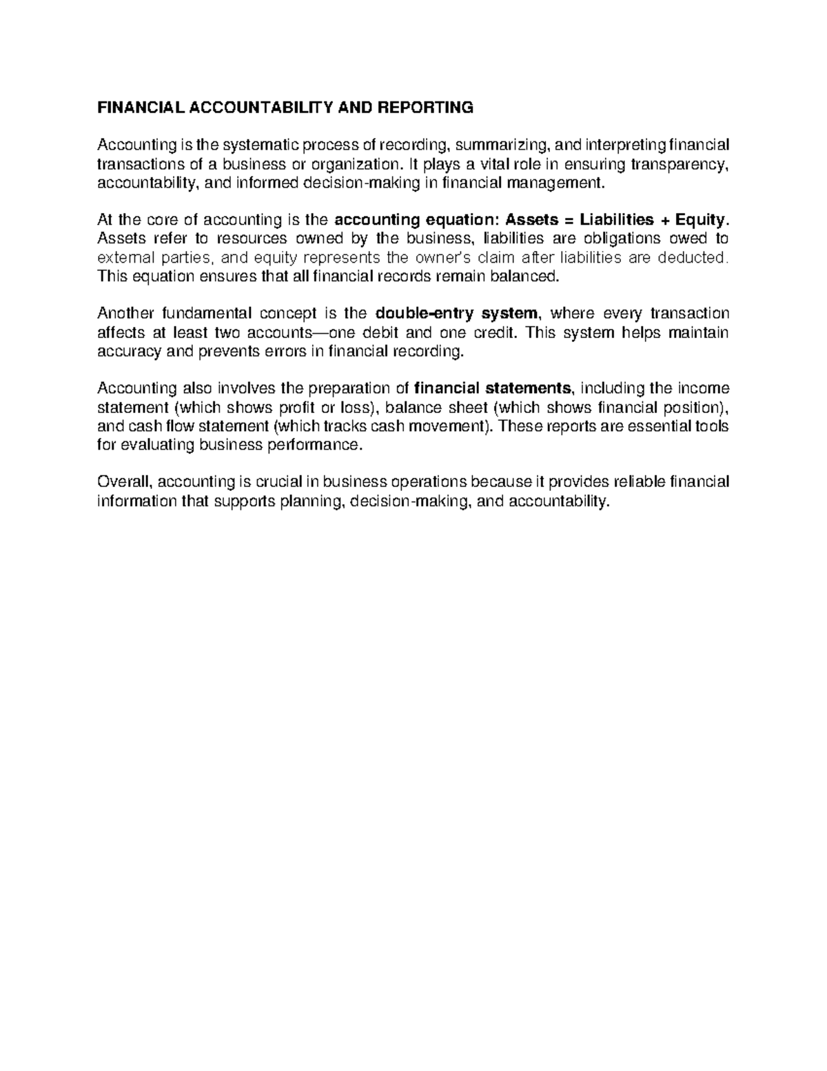 FIN 101: Financial Accountability & Reporting Overview - Studocu