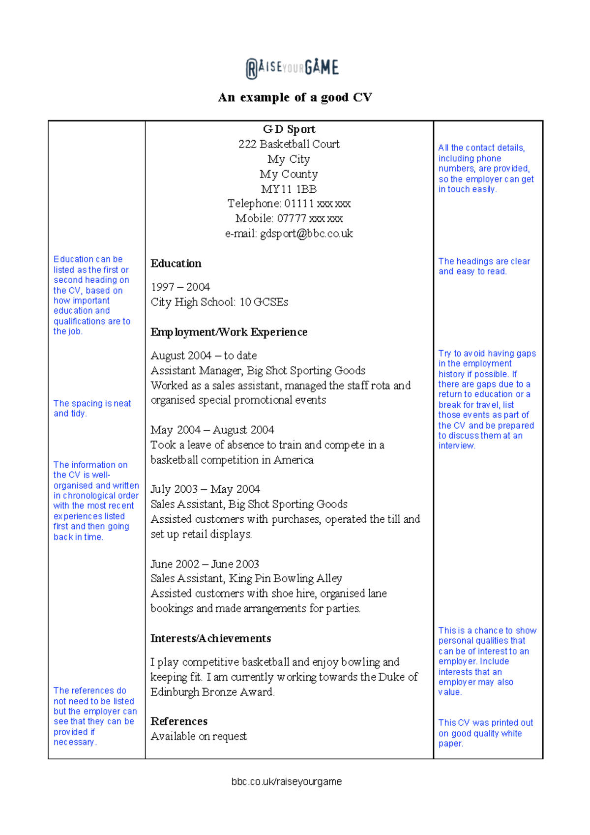 Good cv - Notes - bbc.co/raiseyourgame An example of a good CV ...
