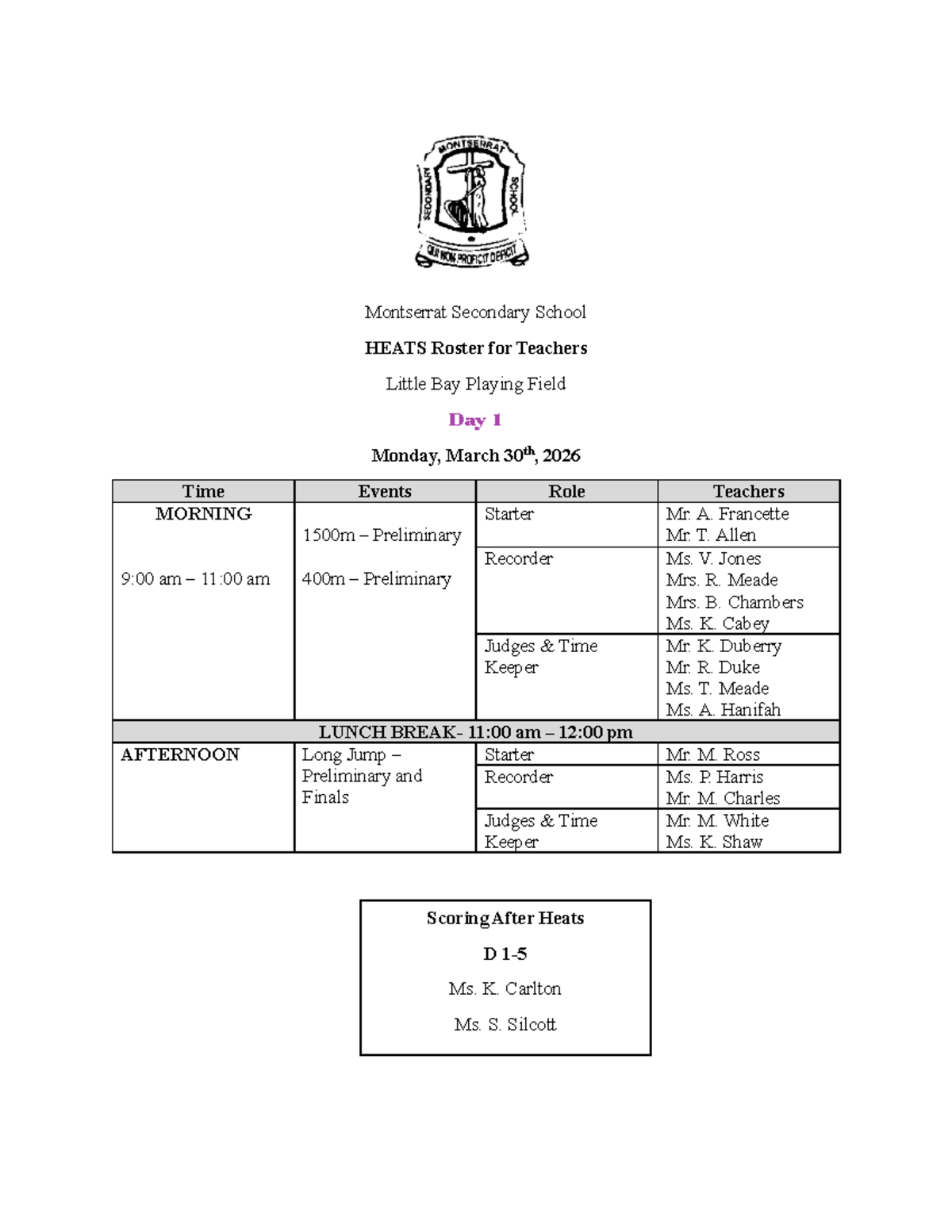 2026 HEATS Teacher Roster for Little Bay Sports Day Events - Studocu