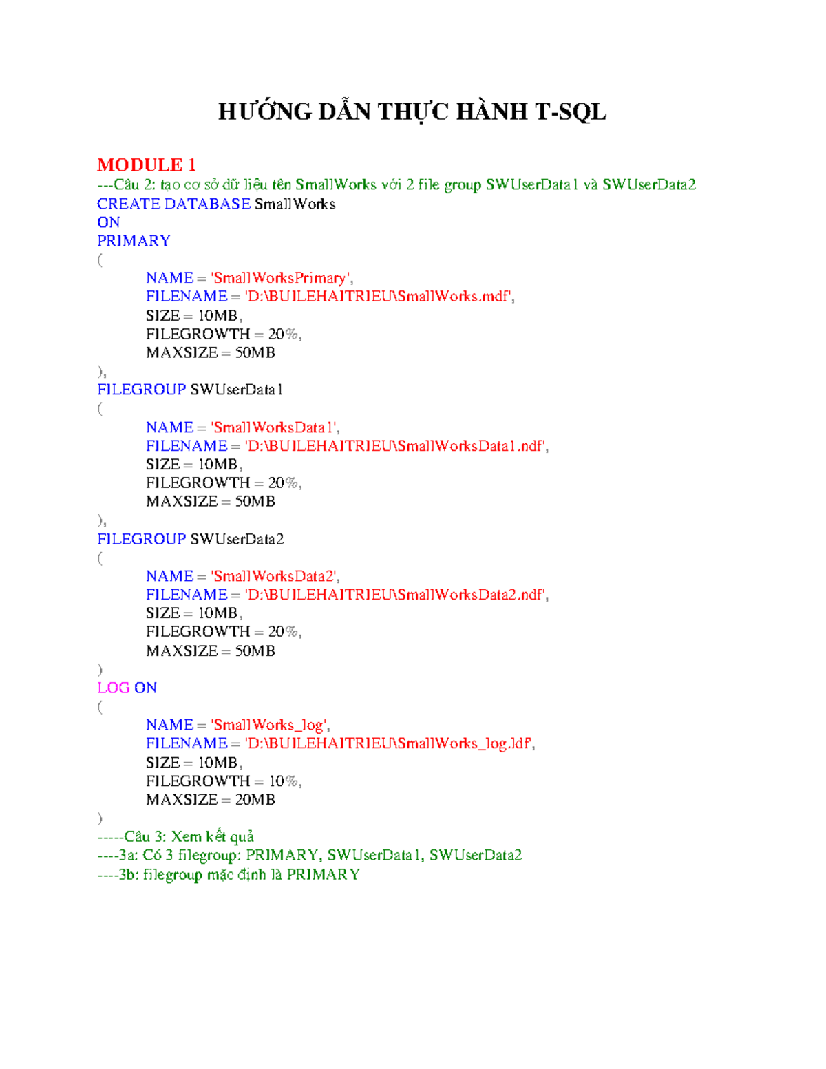 Hướng Dẫn Thực Hành T-SQL Module 12 - Cơ Bản Đến Nâng Cao - Studocu