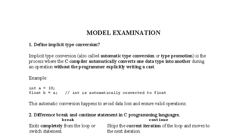 C Programming Model Exam: Implicit Conversion, Loops, Functions ...