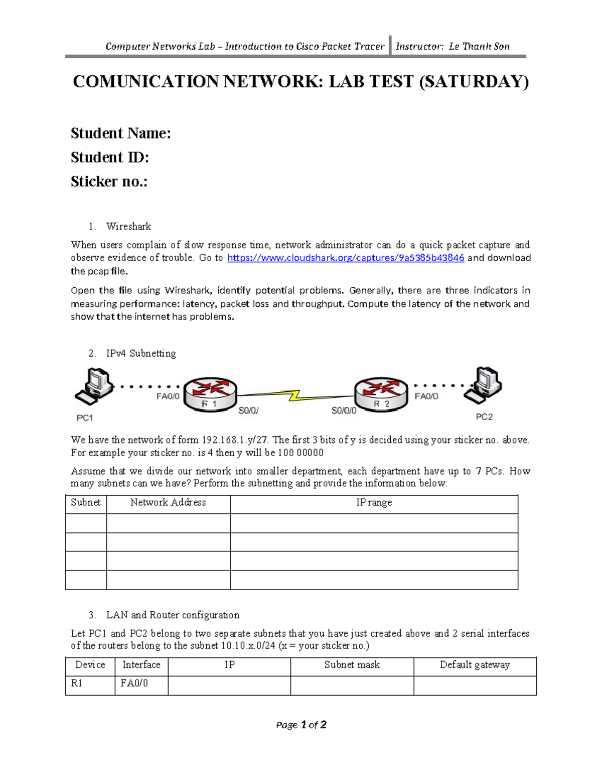 COMUNICATION NETWORK: LAB TEST 2 - Cisco Packet Tracer Insights - Studocu
