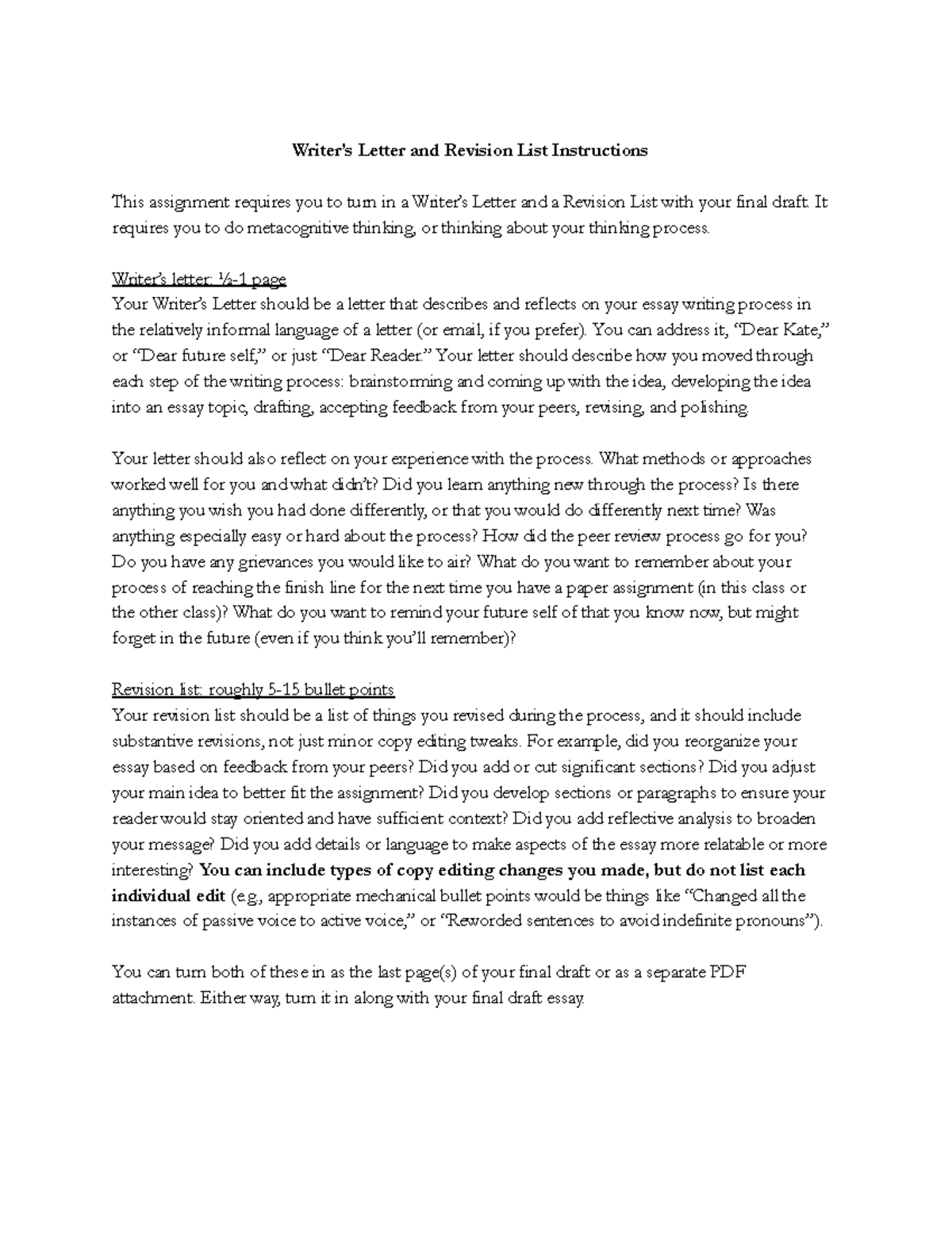 ENG 101: Writer's Letter & Revision List Guidelines - Studocu