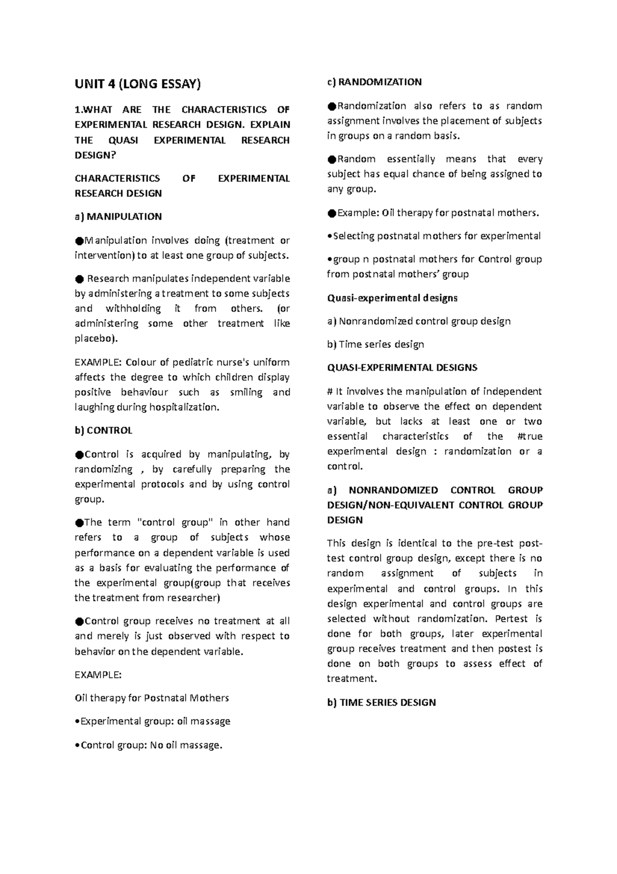 Research CHAP 4 Long Essay: Characteristics of Experimental Designs ...