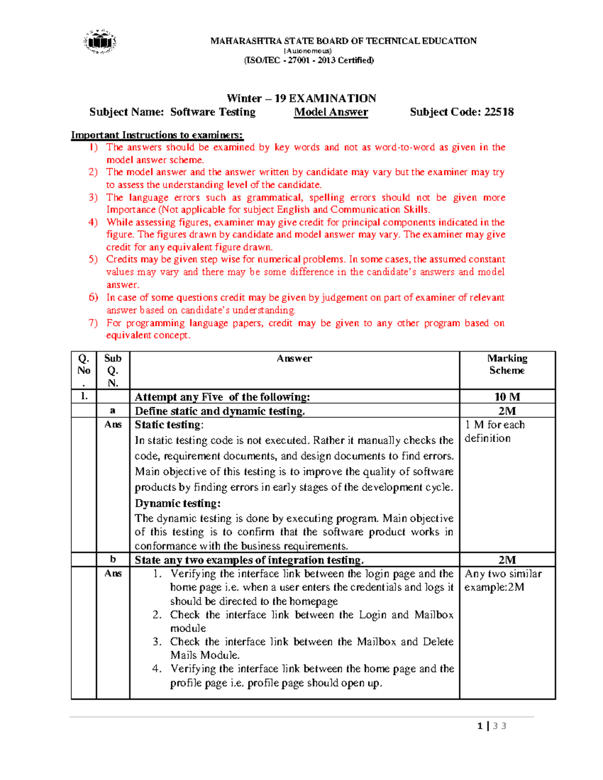 Software Testing Model Answers - Previous Year Papers (Code: 22518 ...