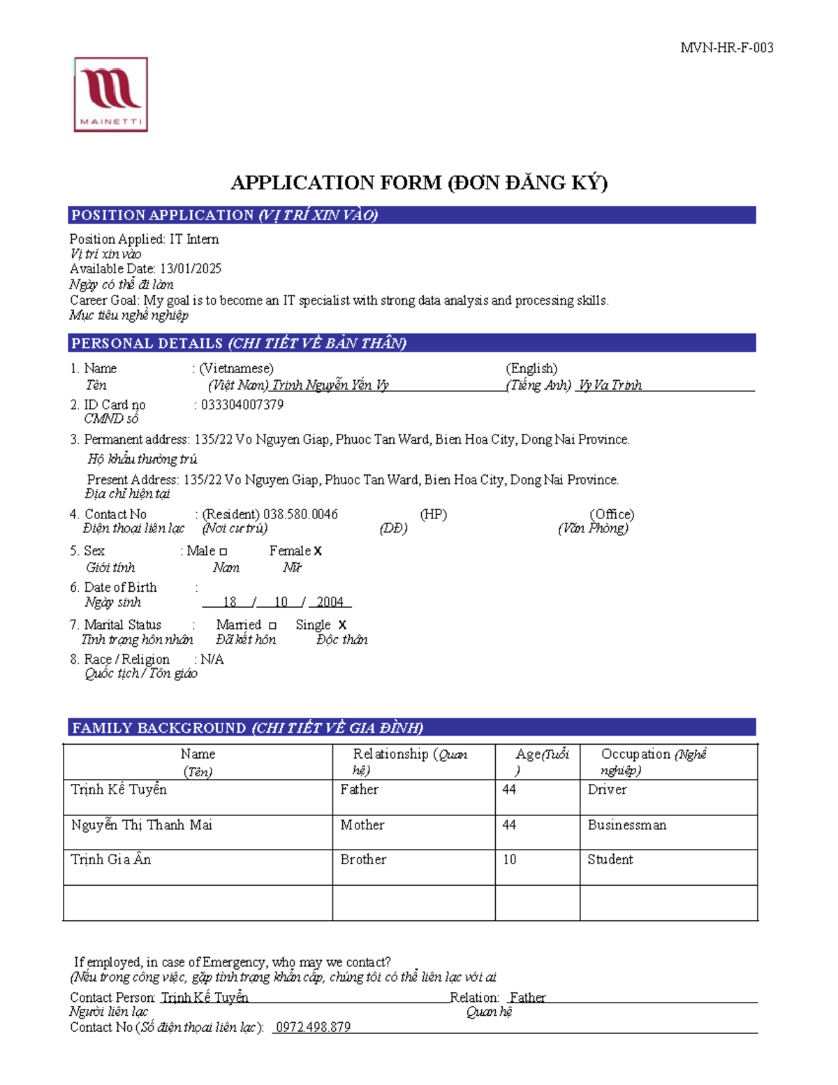 MVN HR F 003 - IT Intern Application Form - Studocu