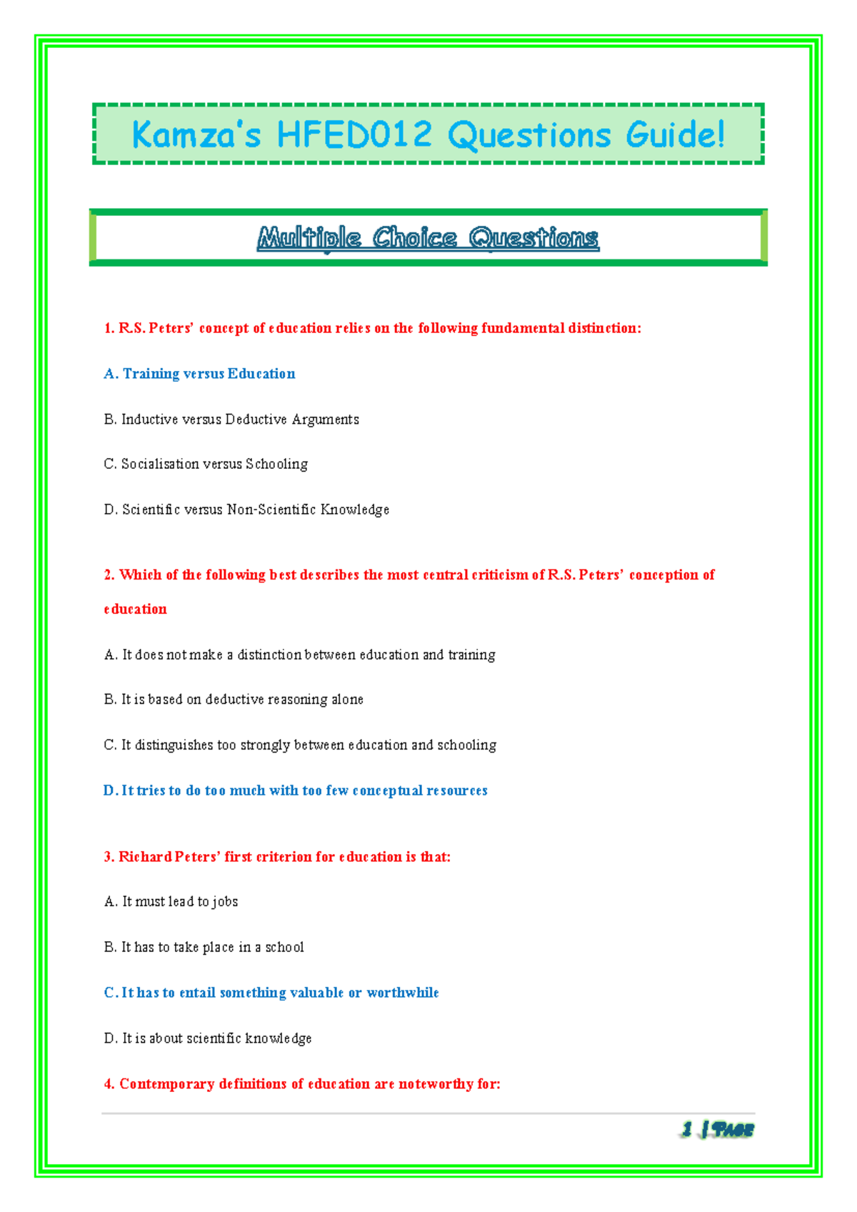 Kamza’s HFED012 Questions Guide: Philosophy of Education Insights - Studocu