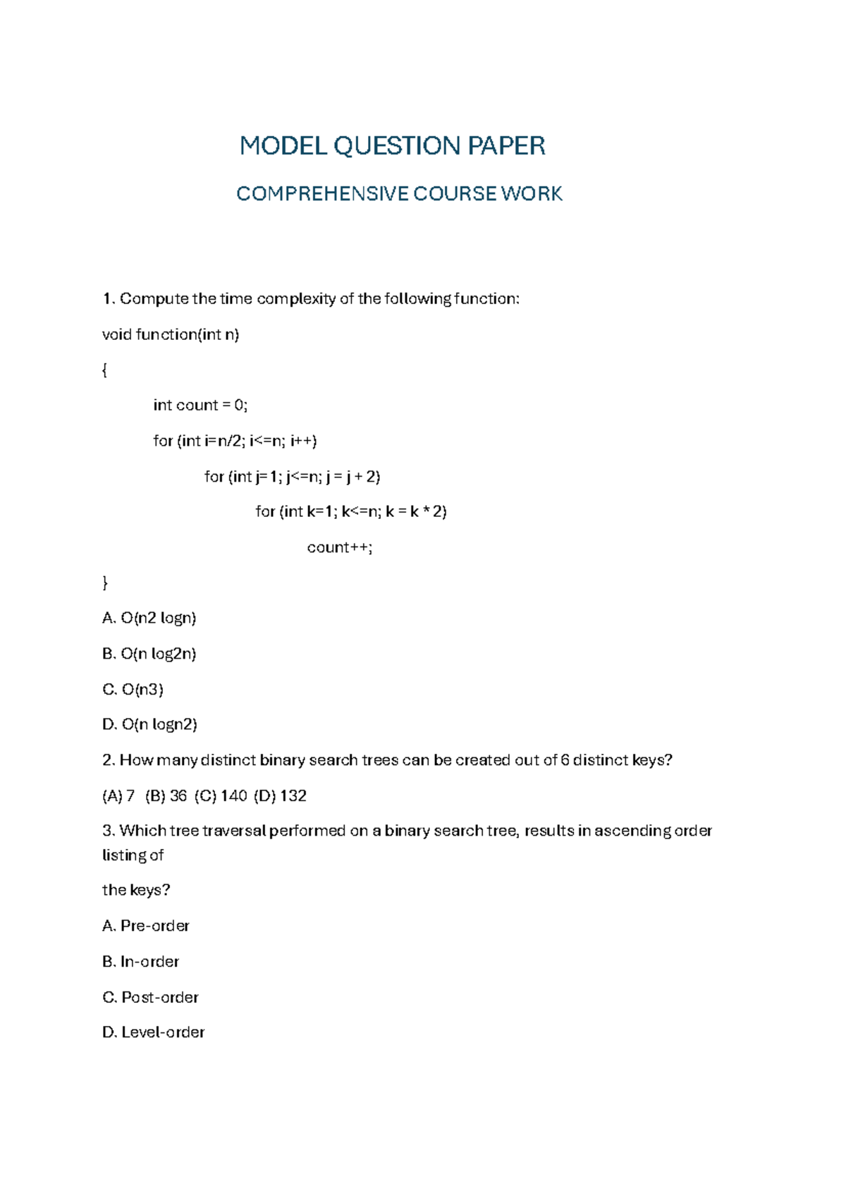 Model Question Paper - Comprehensive Course Work 1 - Studocu