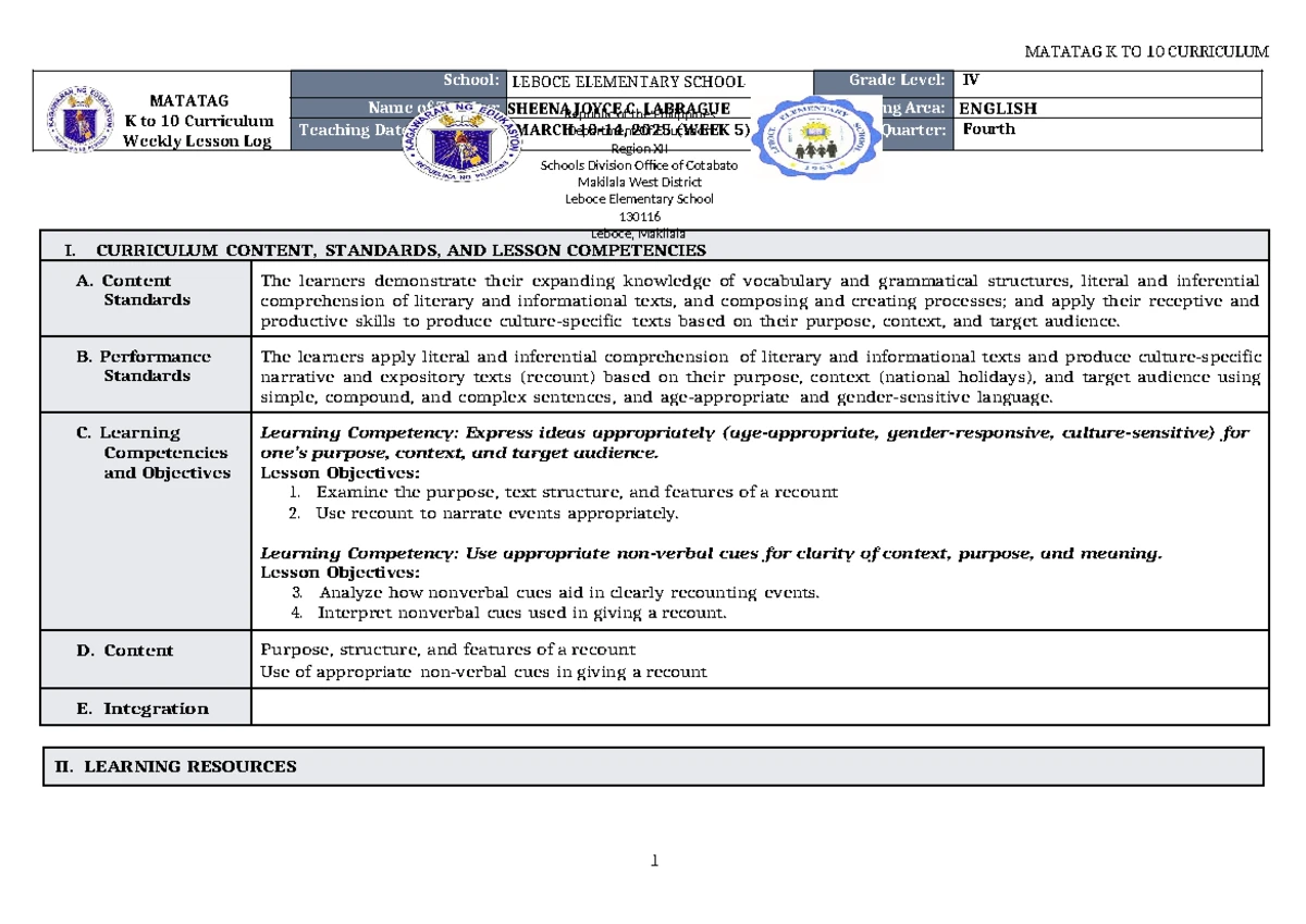 DLL Matatag PE & Health 4 Q4 WEEK 3-4 Lesson Logs on Consumer Rights ...