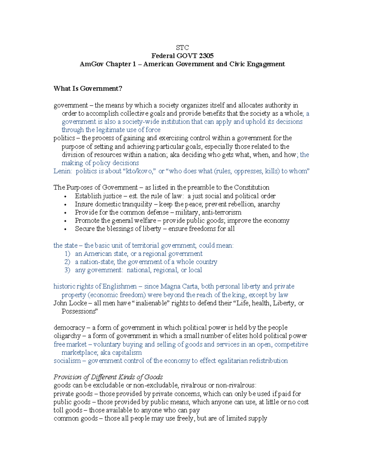 STC Federal GOVT 2305 AmGov Chapter 1 & 2 Notes on American Government ...