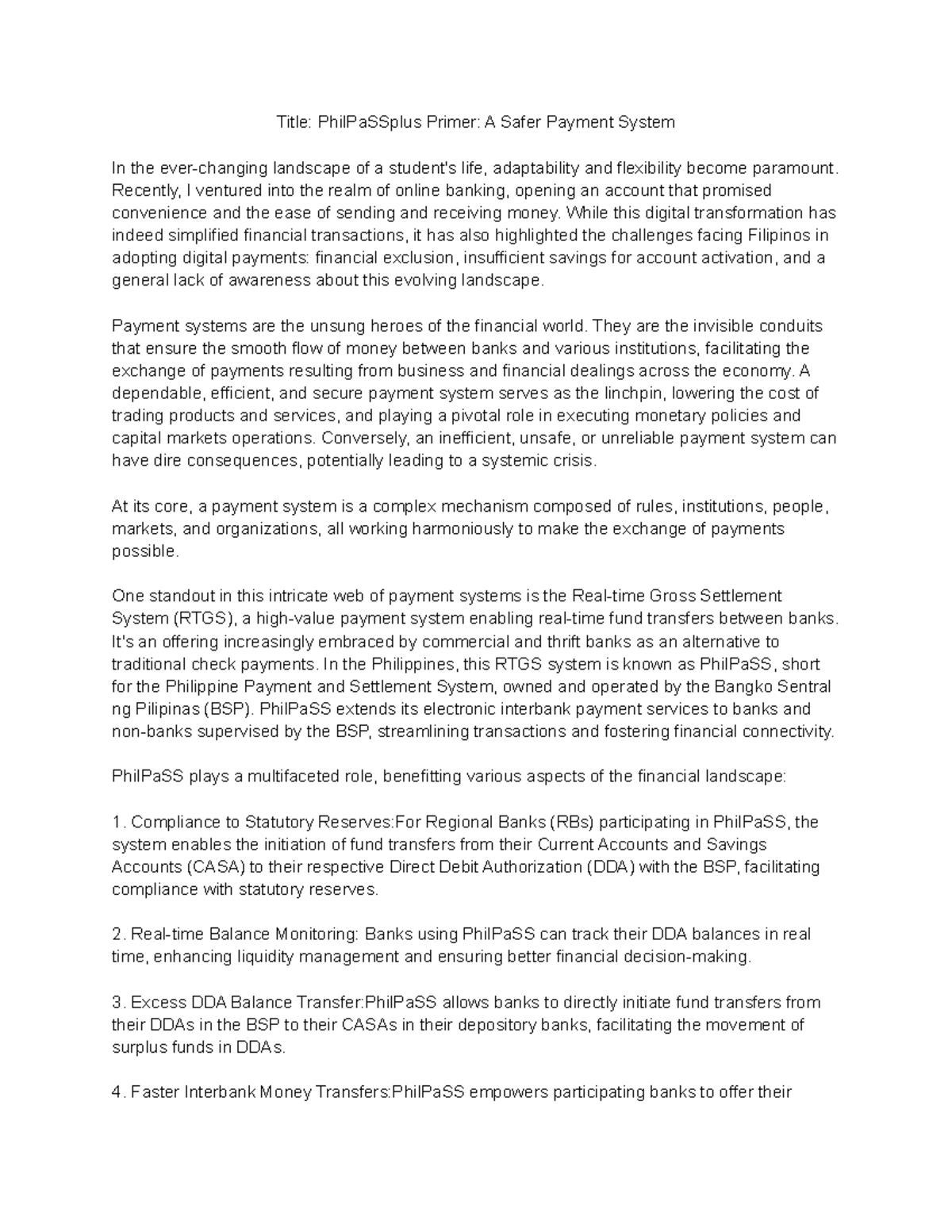 Capital-market-chap4-assignment - Title: PhilPaSSplus Primer: A Safer ...