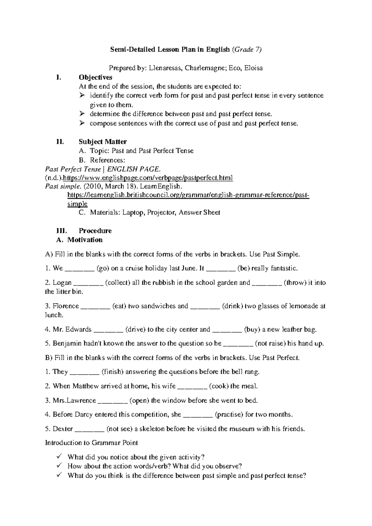 Lesson Plan for Grade 7 - Semi-Detailed Lesson Plan in English (Grade 7 ...
