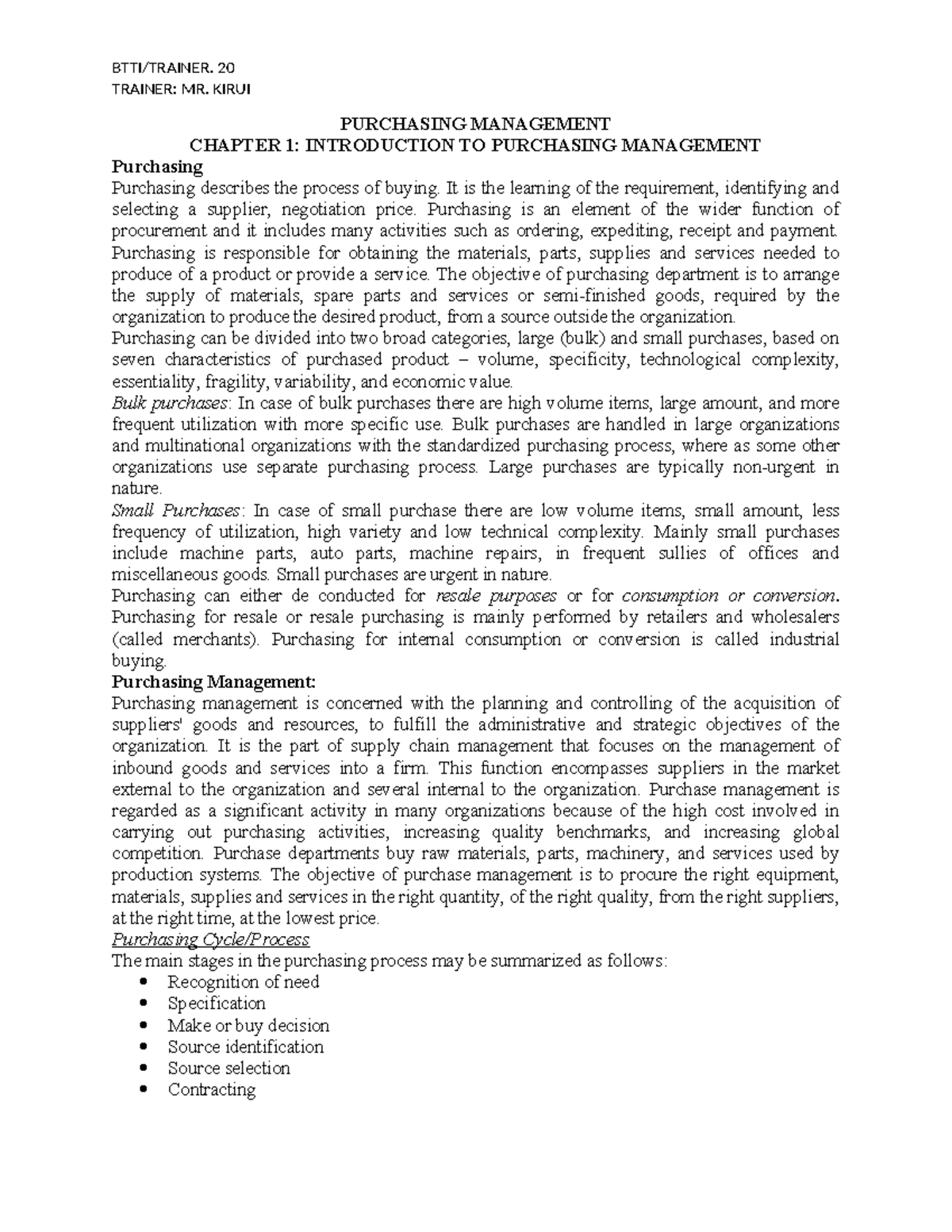 Purchasing Management Notes (20 TRAINER: MR. KIRUI) - Chapters 1-5 ...