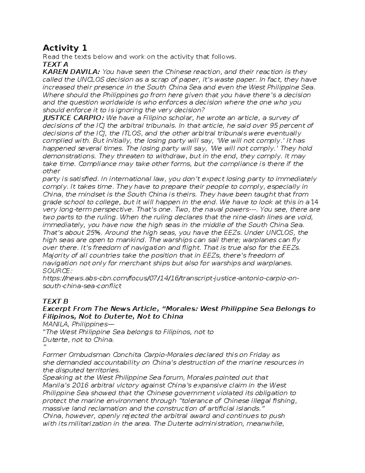 Sources Activity - UNCLOS Decision and the West Philippine Sea - Studocu