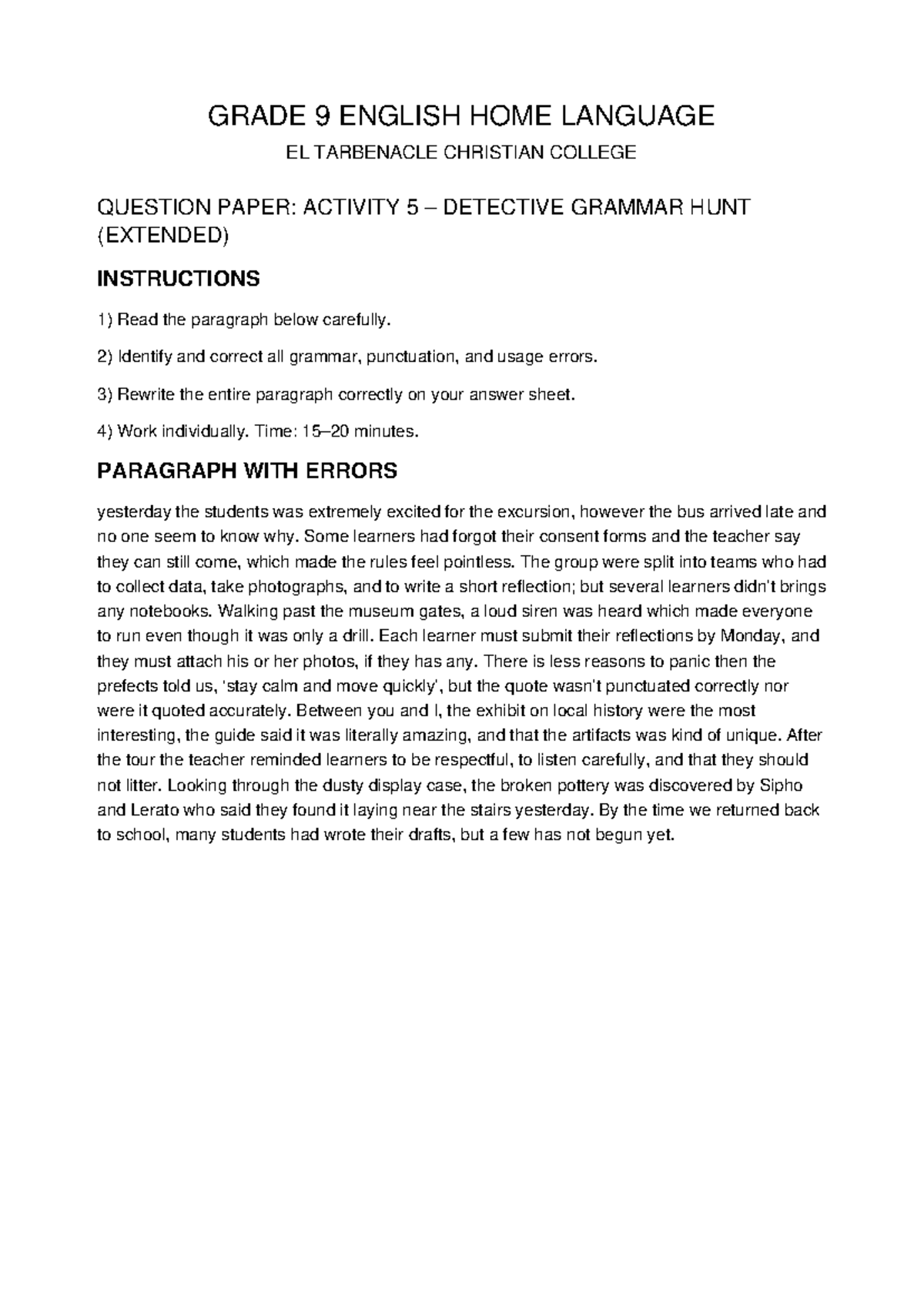 Grade 9 English Home Language Activity 5: Detective Grammar Hunt - Studocu