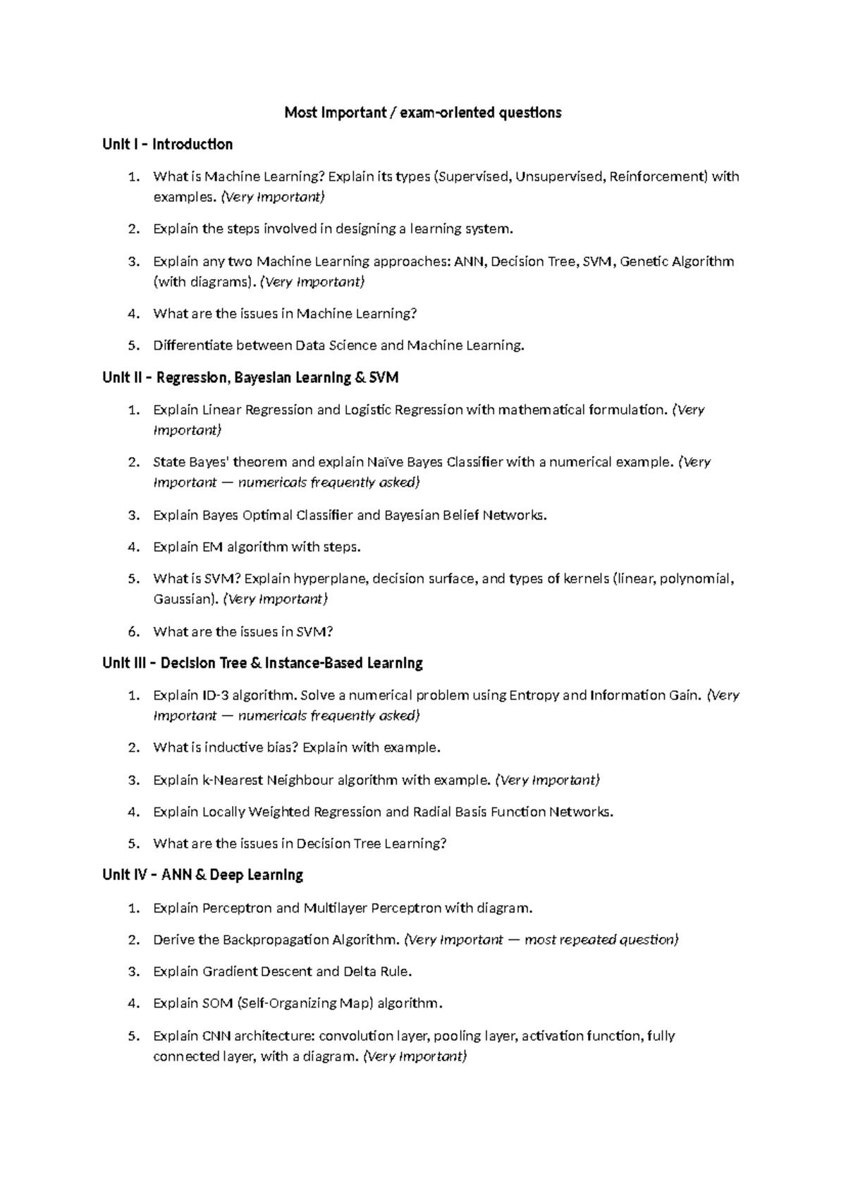 Machine Learning Unit I-IV Important Questions & Concepts - Studocu