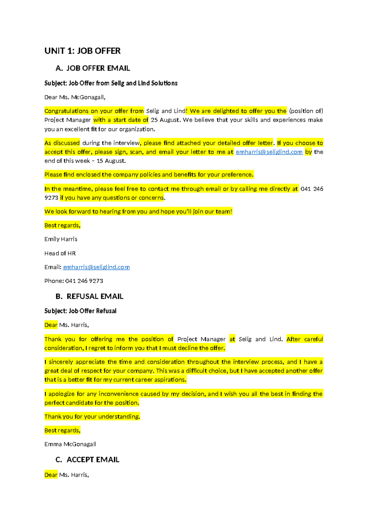 Job Offer and Inquiry Email Examples - COB 1 TACN - Studocu