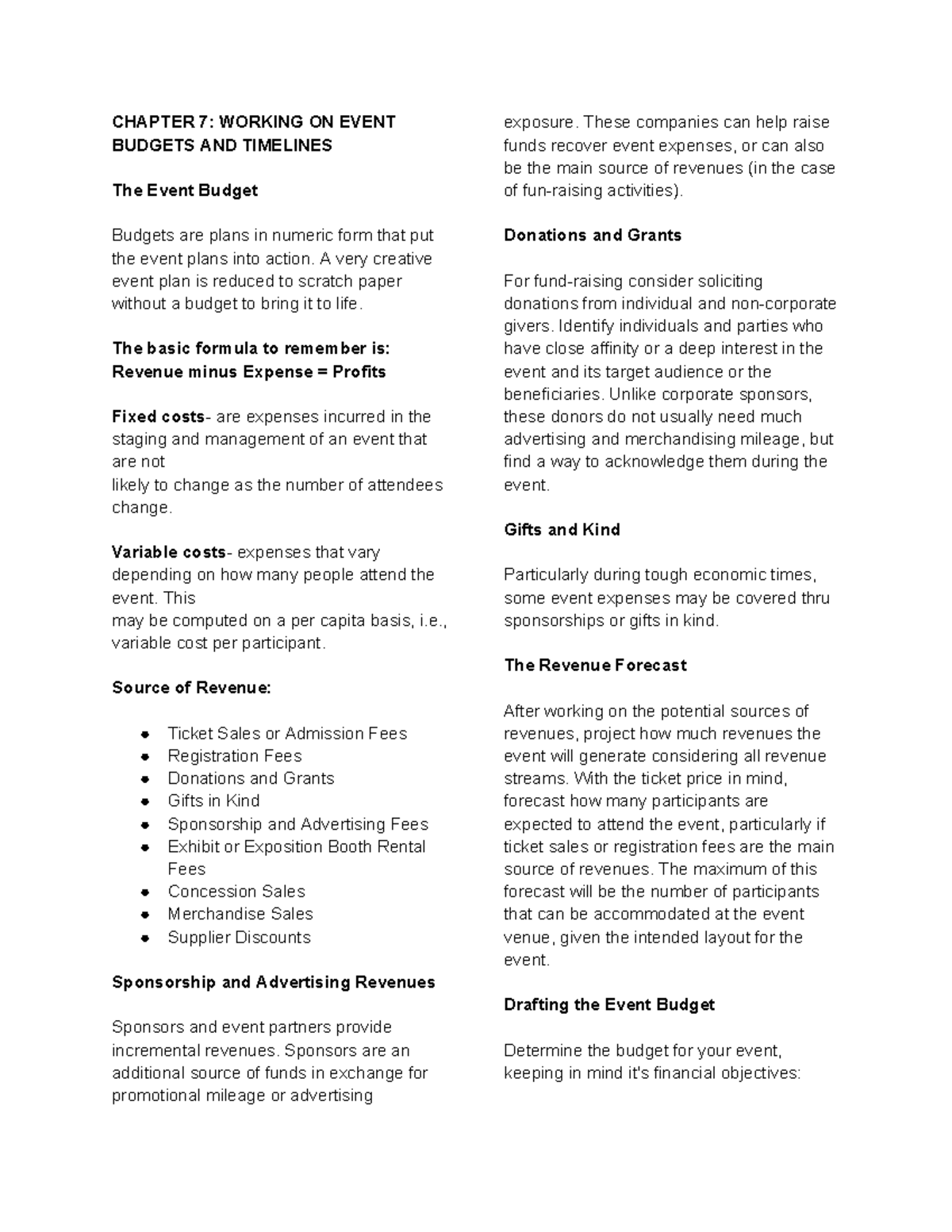 LONG QUIZ REVIEWER: CHAPTER 7 - EVENT BUDGETS & TIMELINES - Studocu