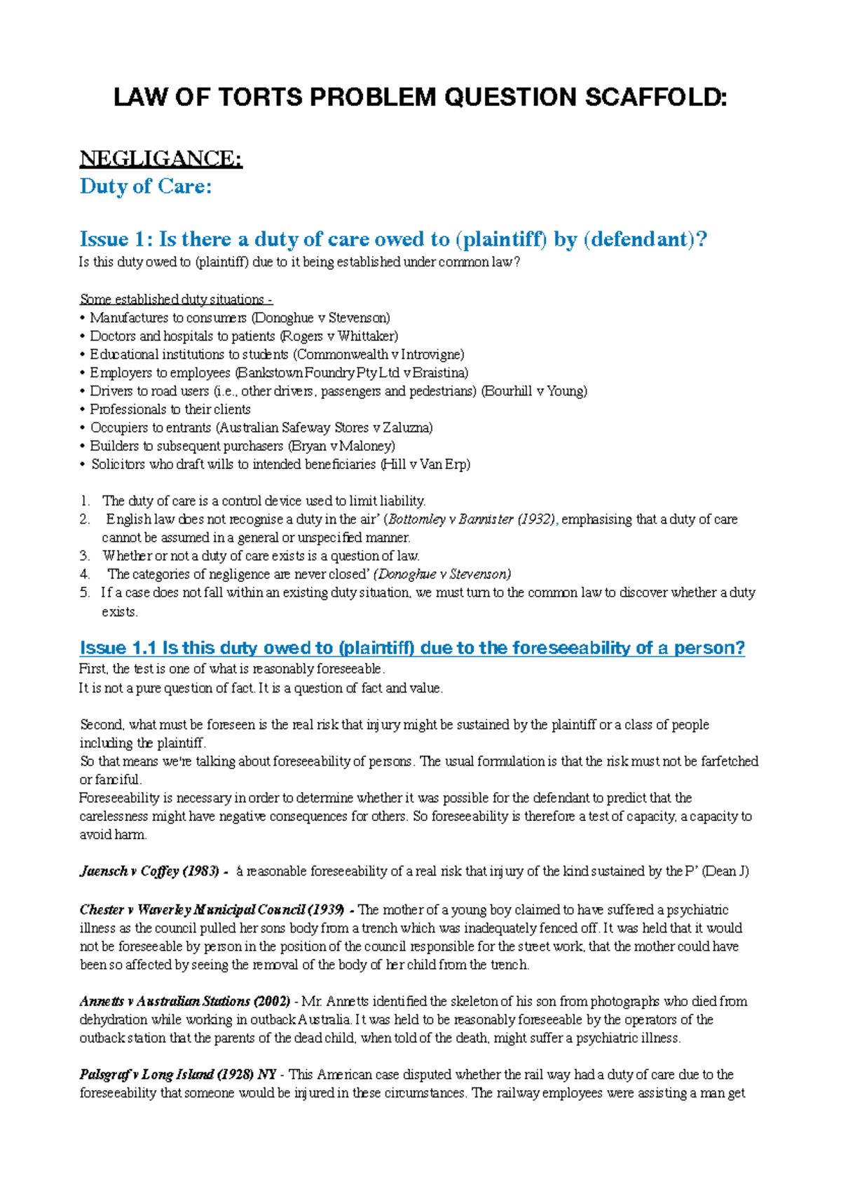 LAW OF TORTS SCAFFOLD: NEGLIGENCE DUTY OF CARE ANALYSIS - Studocu