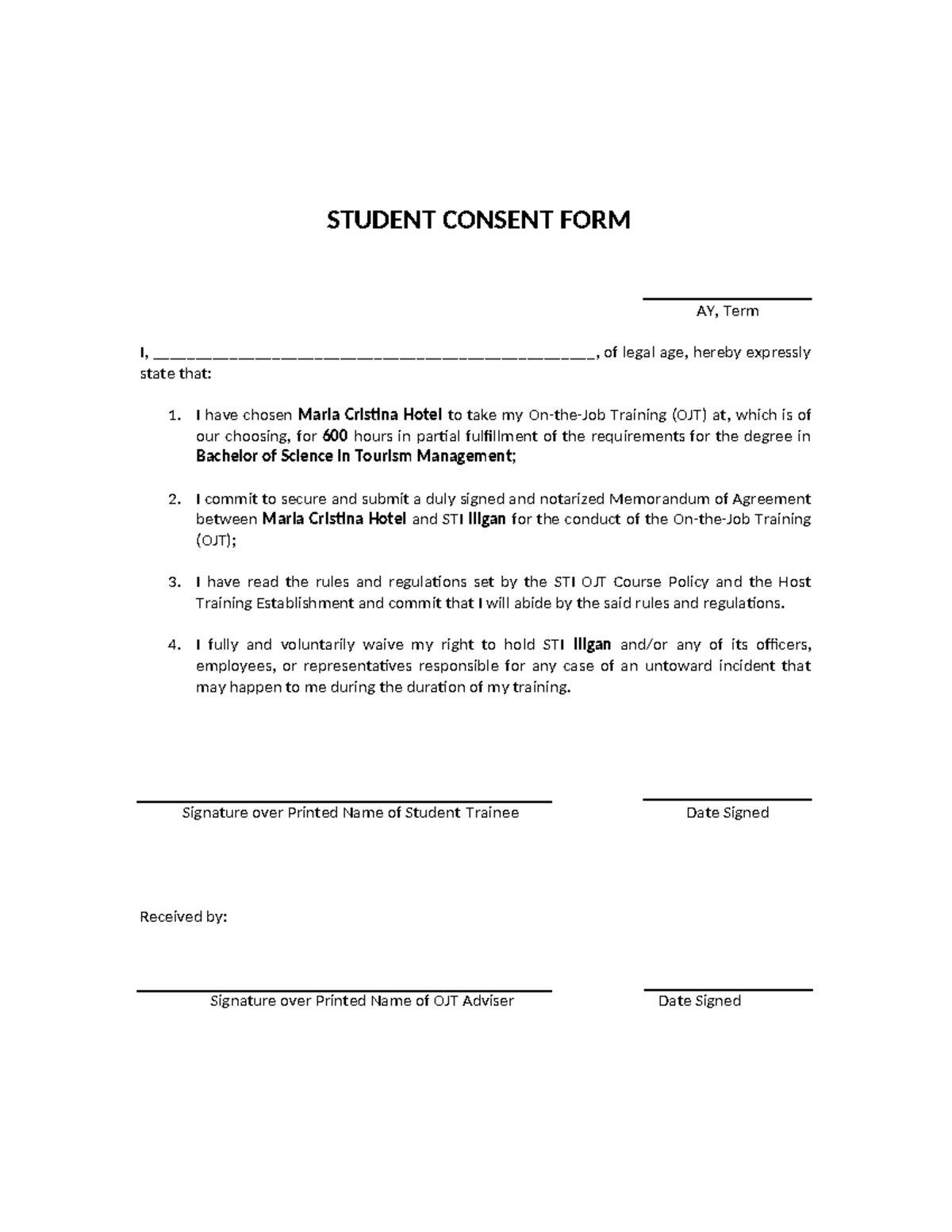 Me Student Consent Form without Training Fee Template 2 - STUDENT ...